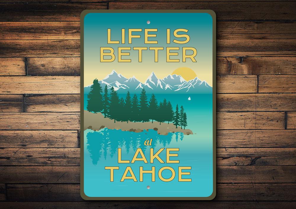 A beautifully crafted Lake Tahoe Views Sign made of durable aluminum, showcasing scenic lake imagery, perfect for lakehouse decor.