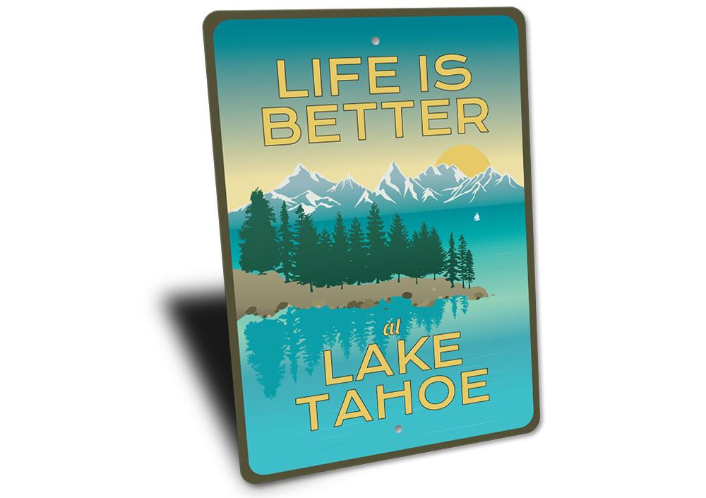 A beautifully crafted Lake Tahoe Views Sign made of durable aluminum, showcasing scenic lake imagery, perfect for lakehouse decor.