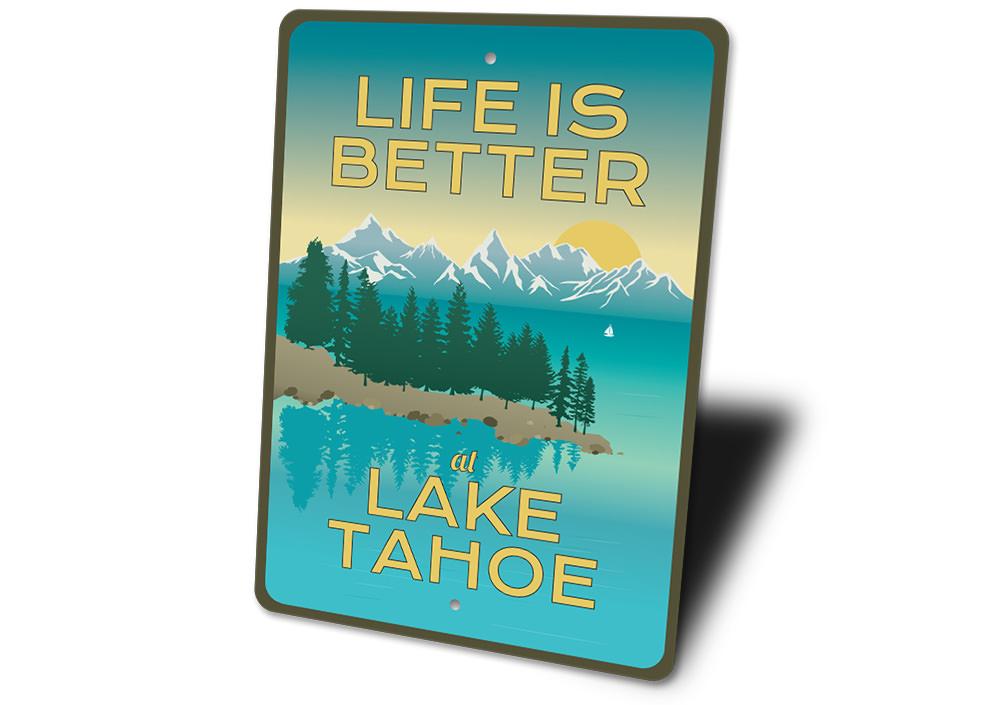 A beautifully crafted Lake Tahoe Views Sign made of durable aluminum, showcasing scenic lake imagery, perfect for lakehouse decor.