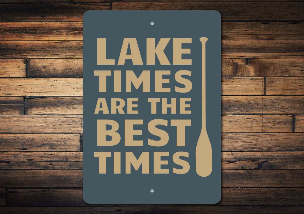 A beautifully crafted Lake Time Sign made of aluminum, showcasing a scenic lake design, perfect for lakehouse decor.