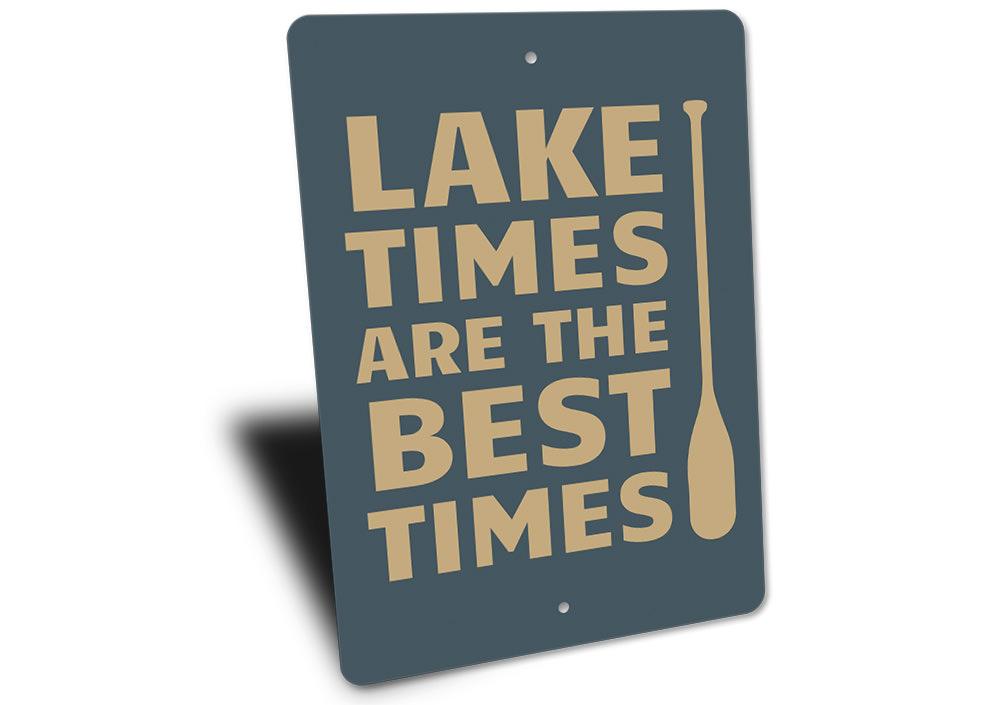 A beautifully crafted Lake Time Sign made of aluminum, showcasing a scenic lake design, perfect for lakehouse decor.