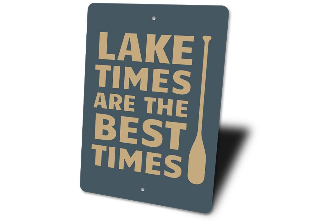 A beautifully crafted Lake Time Sign made of aluminum, showcasing a scenic lake design, perfect for lakehouse decor.