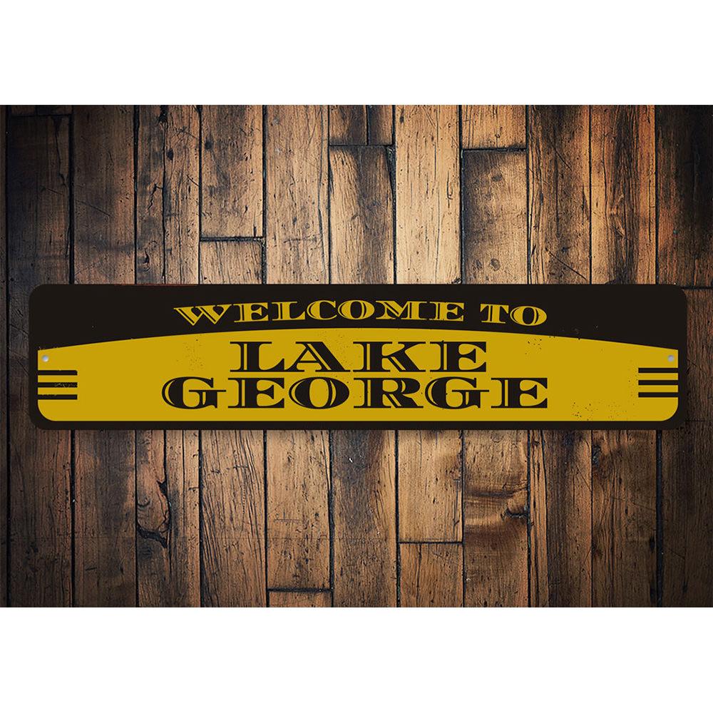 A beautifully crafted Lake Welcome Sign made from high-quality aluminum, featuring customizable text and a rustic design, perfect for lakehouses.