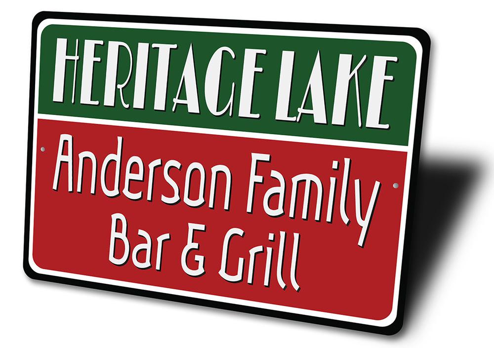 A beautifully crafted Lakeside Bar and Grill Sign made from durable aluminum, featuring customizable text and pre-drilled holes for easy mounting.