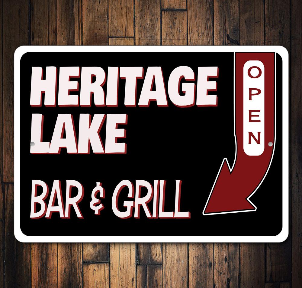 A decorative Lakeside Bar & Grill Sign made of high-quality aluminum, featuring customizable text and pre-drilled holes for easy mounting.