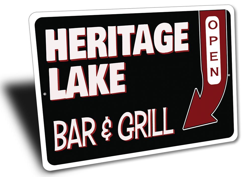 A decorative Lakeside Bar & Grill Sign made of high-quality aluminum, featuring customizable text and pre-drilled holes for easy mounting.