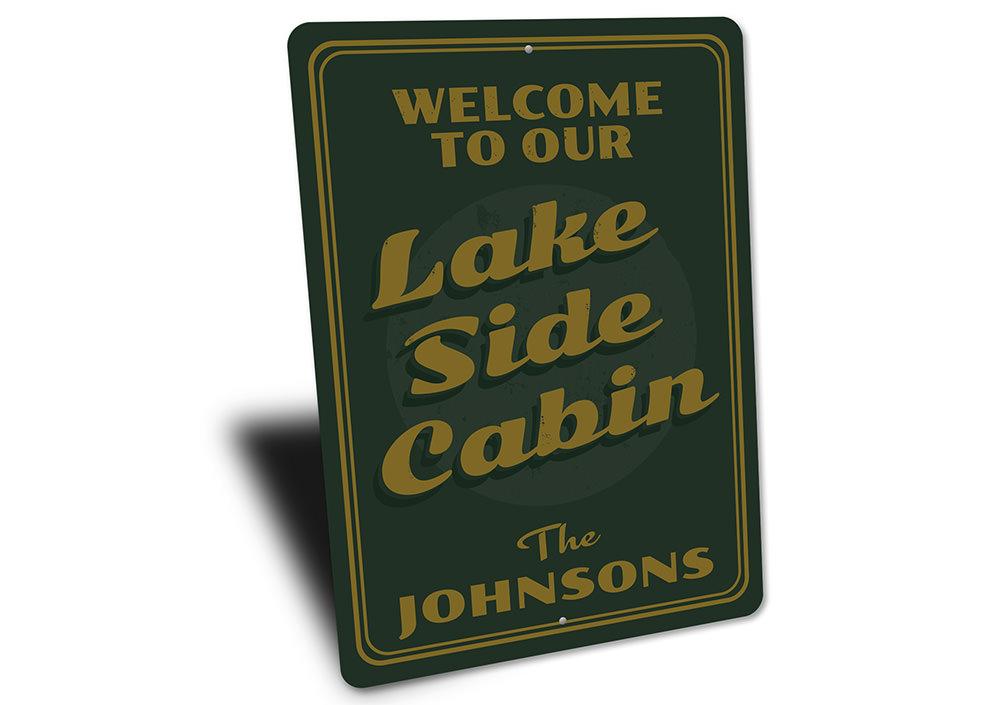 A beautifully crafted Lakeside Cabin Sign made of high-quality aluminum, showcasing a personalized design perfect for lakehouse decor.