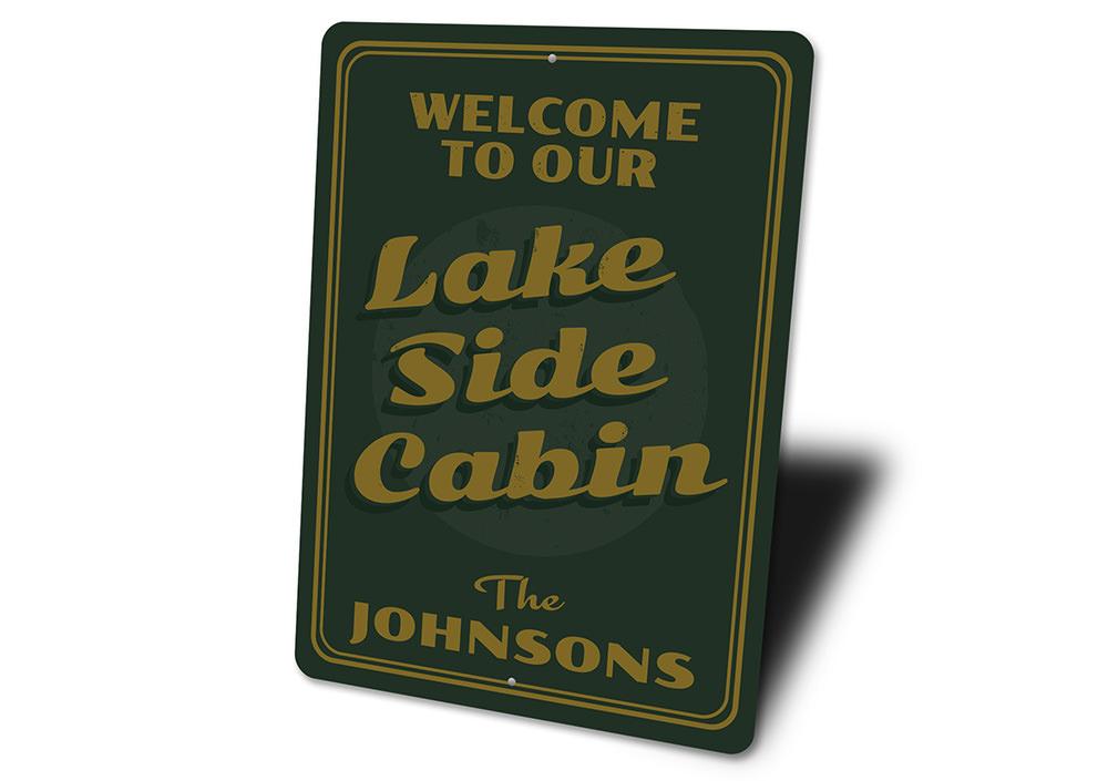 A beautifully crafted Lakeside Cabin Sign made of high-quality aluminum, showcasing a personalized design perfect for lakehouse decor.