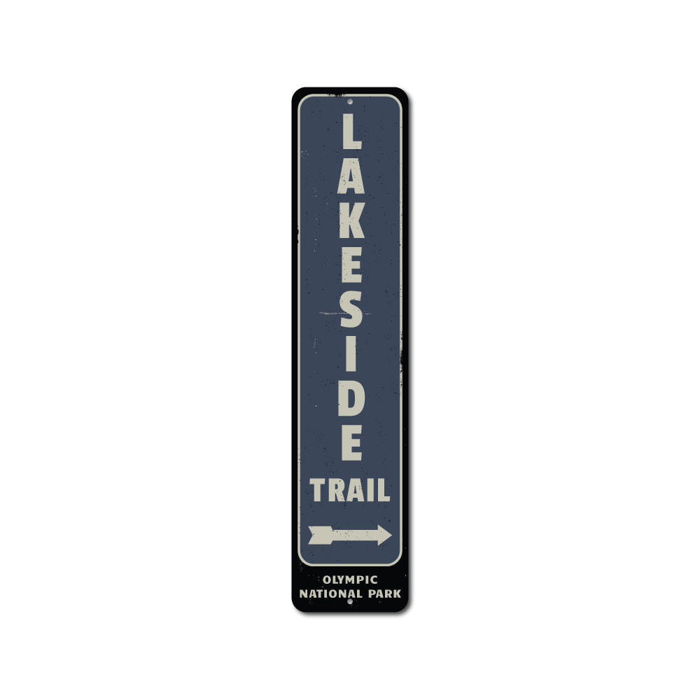 Lakeside Trail Arrow Sign made of durable aluminum, featuring customizable text, perfect for lakehouse decor.