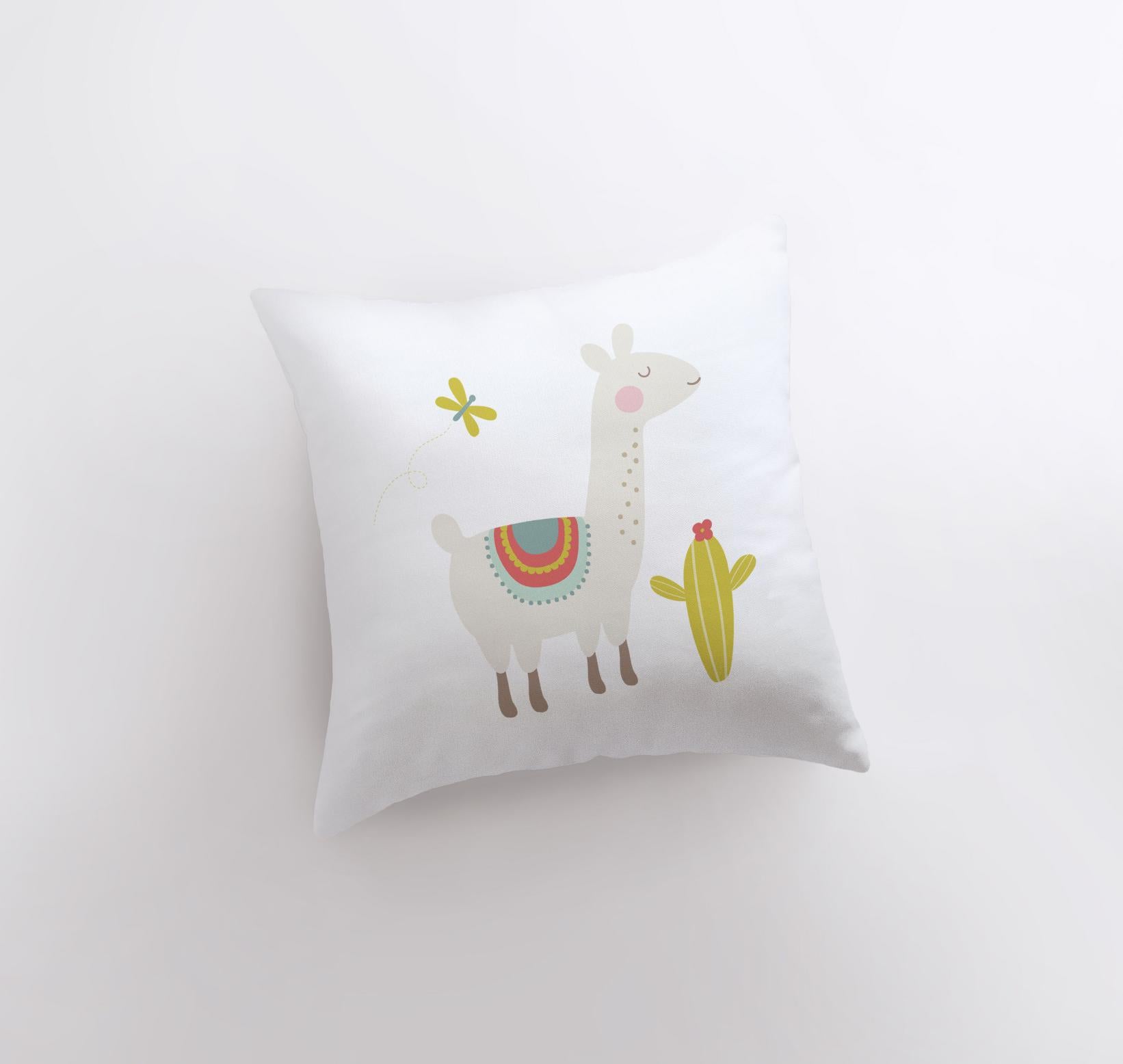 A charming llama pillow featuring a lime green cactus design, handmade in America, showcasing a cute llama on the front and a white back.