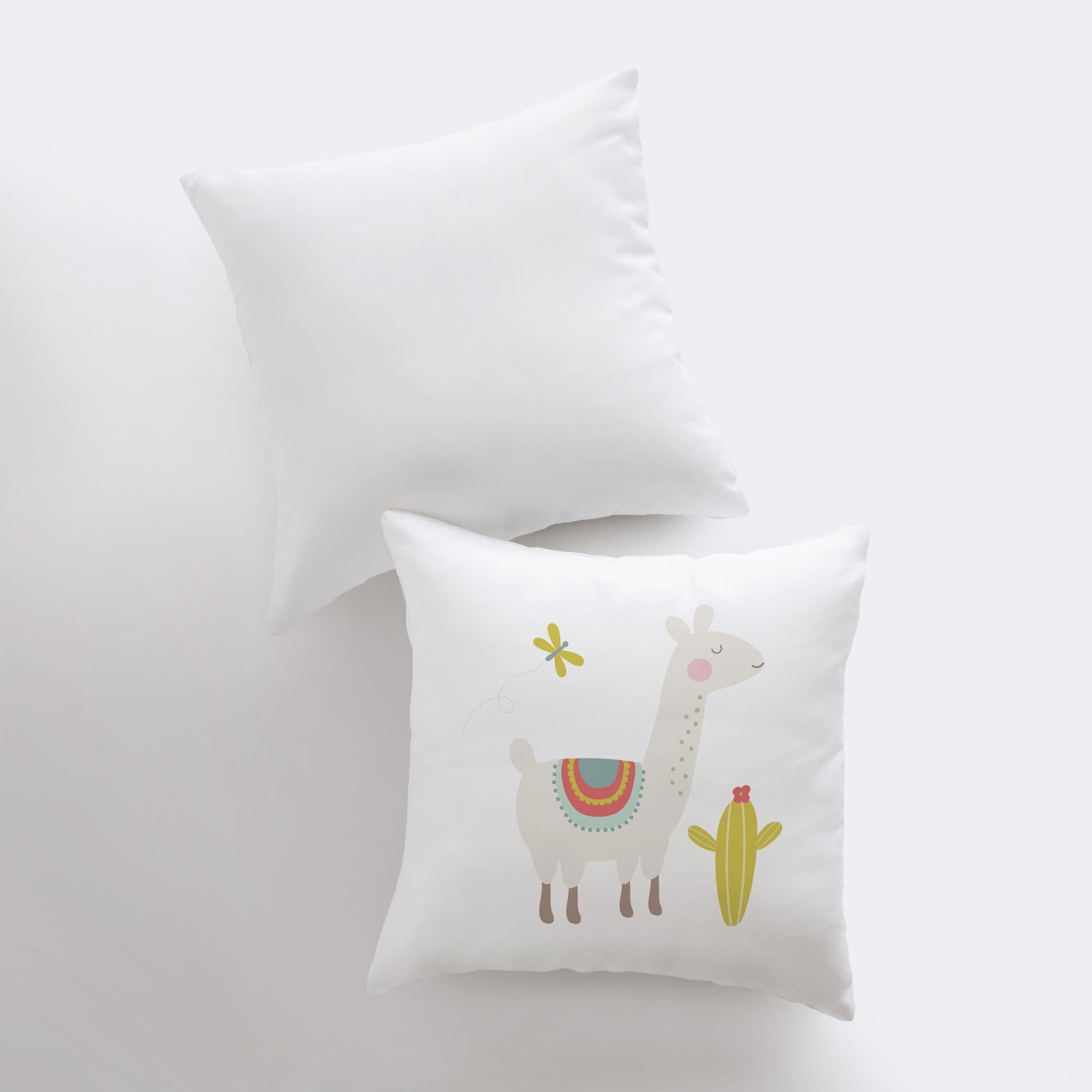 A charming llama pillow featuring a lime green cactus design, handmade in America, showcasing a cute llama on the front and a white back.