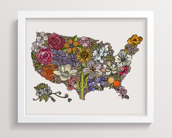 Archival art print titled 'Land of the Free - Flowers', featuring vibrant floral designs in pen and ink with digital coloring, ready to frame.