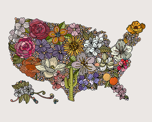 Archival art print titled 'Land of the Free - Flowers', featuring vibrant floral designs in pen and ink with digital coloring, ready to frame.