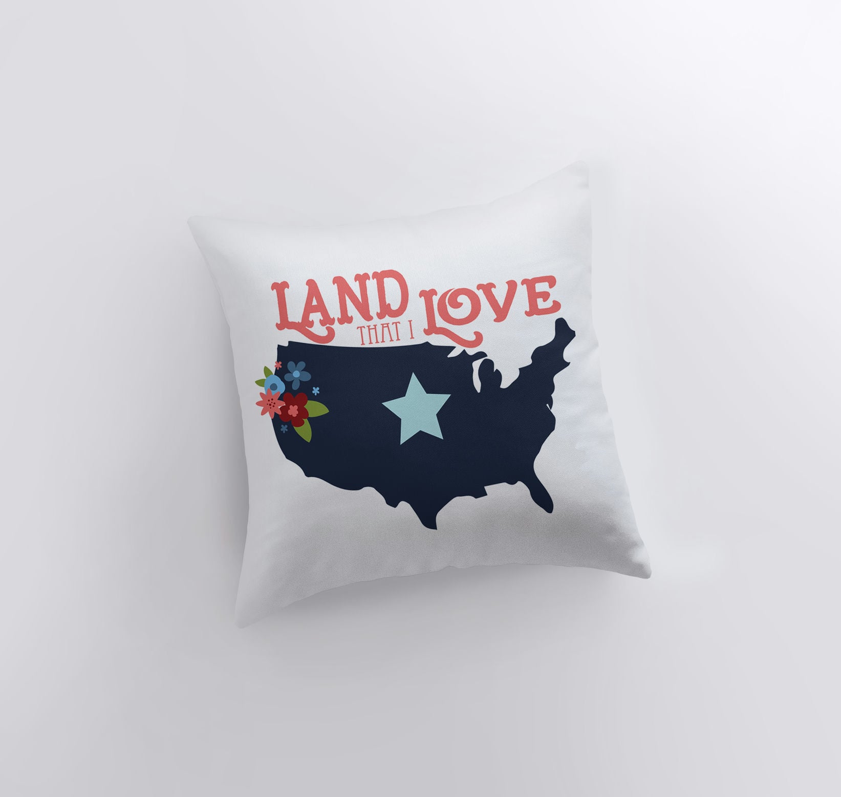 Handmade 'Land that I Love' pillow cover featuring a map of America and blue star design on the back, perfect for home decor.