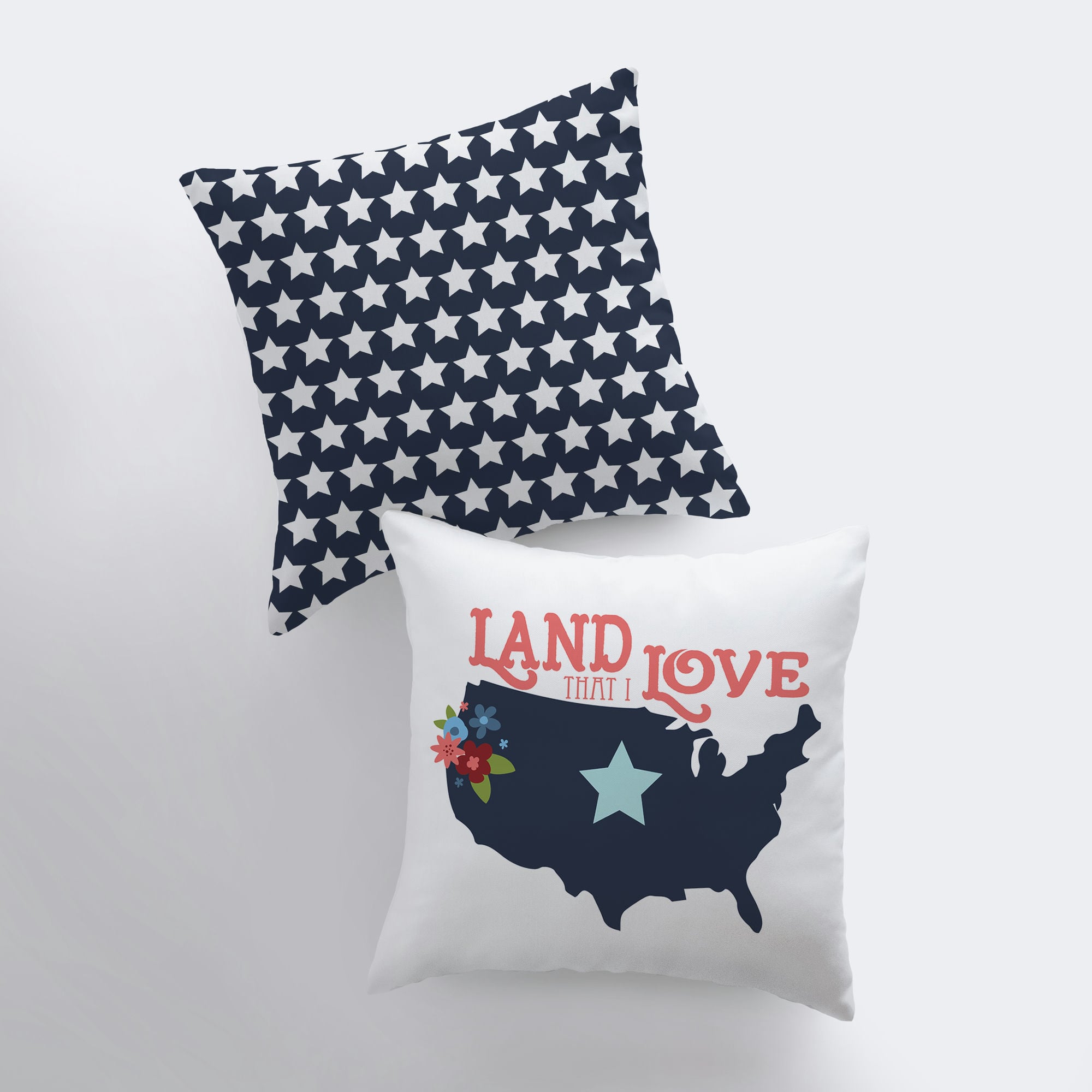 Handmade 'Land that I Love' pillow cover featuring a map of America and blue star design on the back, perfect for home decor.