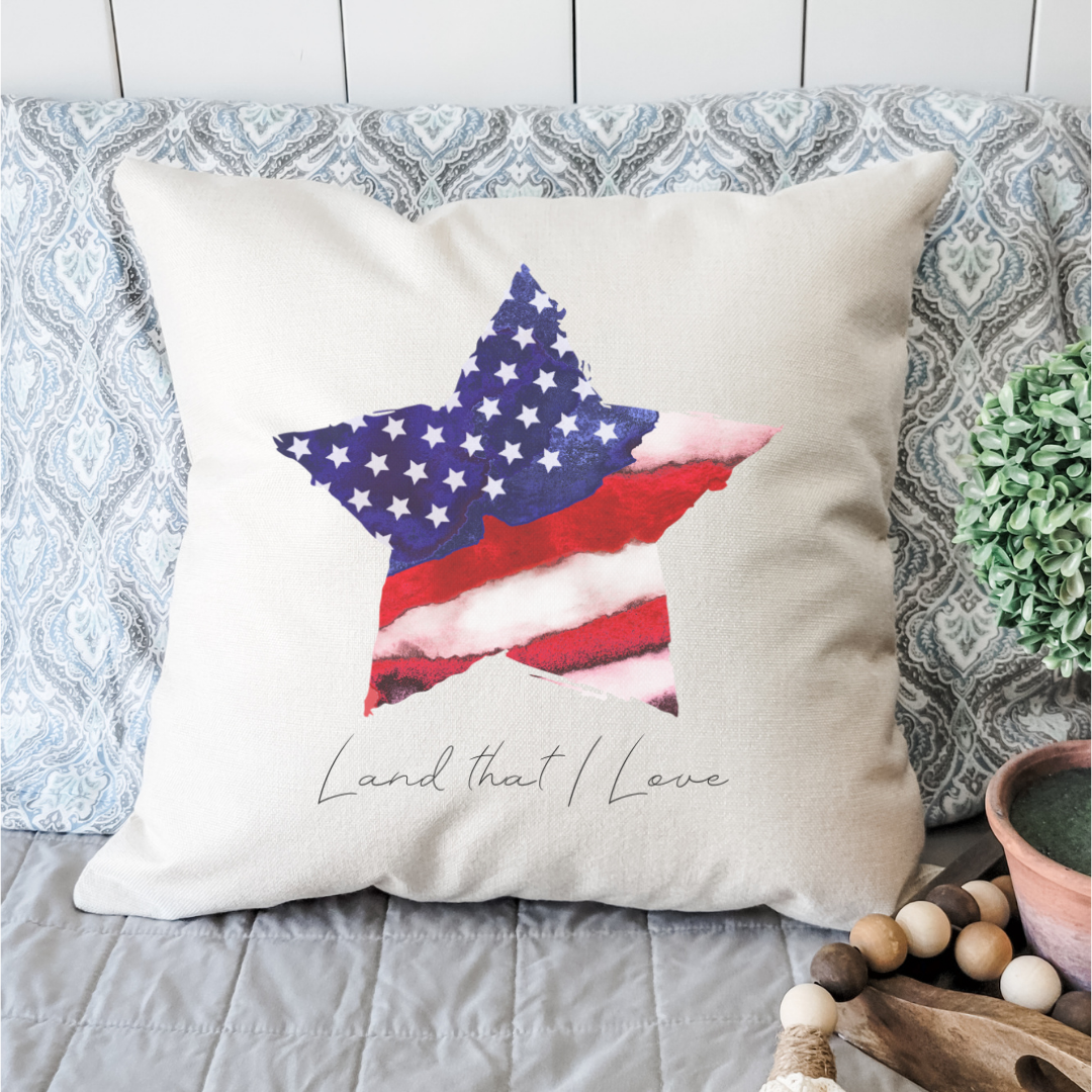 Land That I Love Pillow Cover featuring a patriotic design on soft beige linen fabric with a hidden zipper.