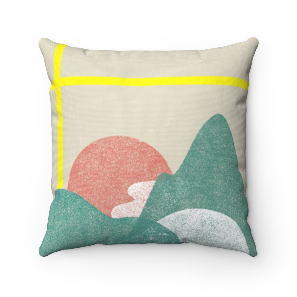 Landscape Square Pillow in various sizes with double-sided print and concealed zipper, showcasing vibrant colors and patterns.