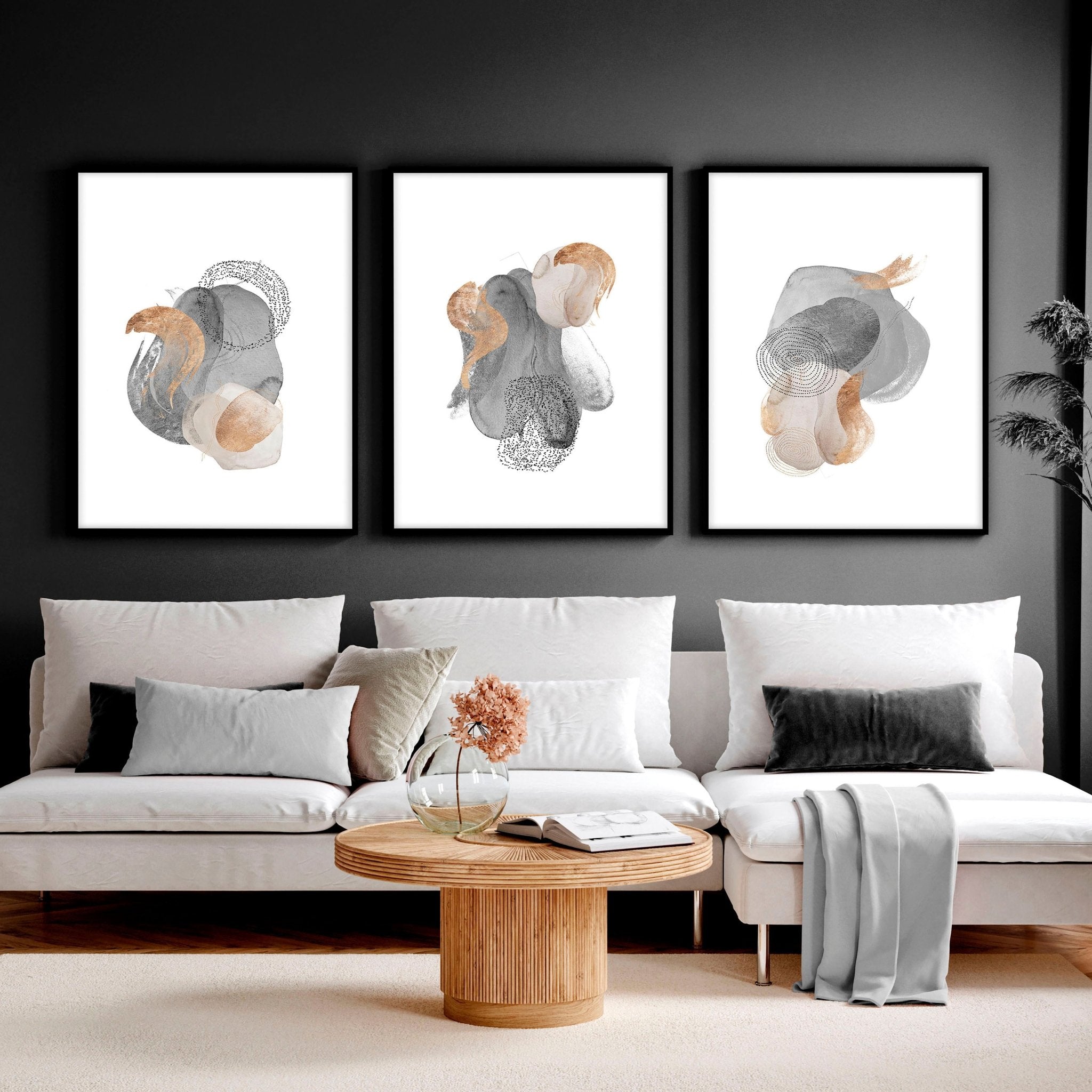 Set of 3 large abstract wall art prints featuring Grey and Rose Gold designs, perfect for living room decor.