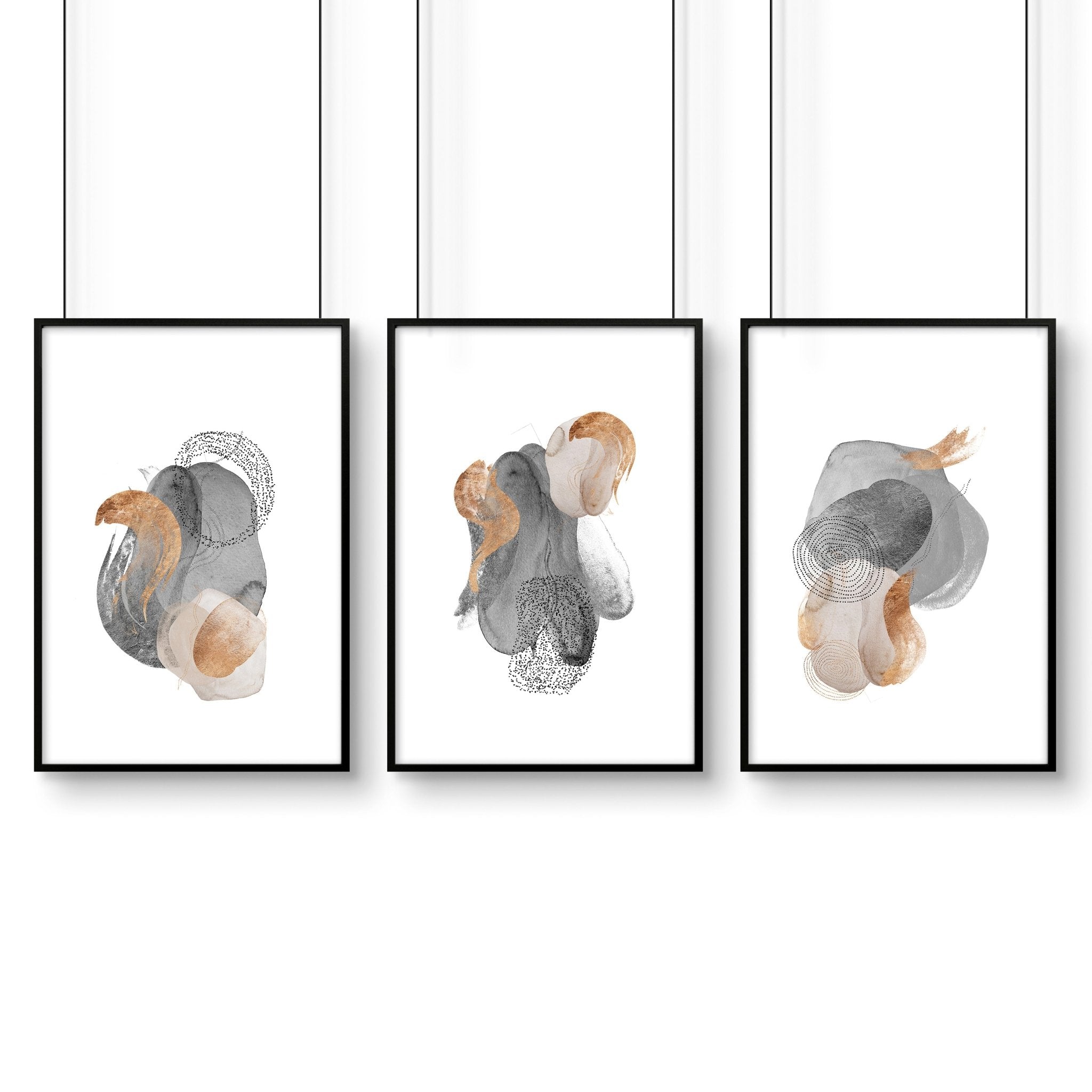 Set of 3 large abstract wall art prints featuring Grey and Rose Gold designs, perfect for living room decor.