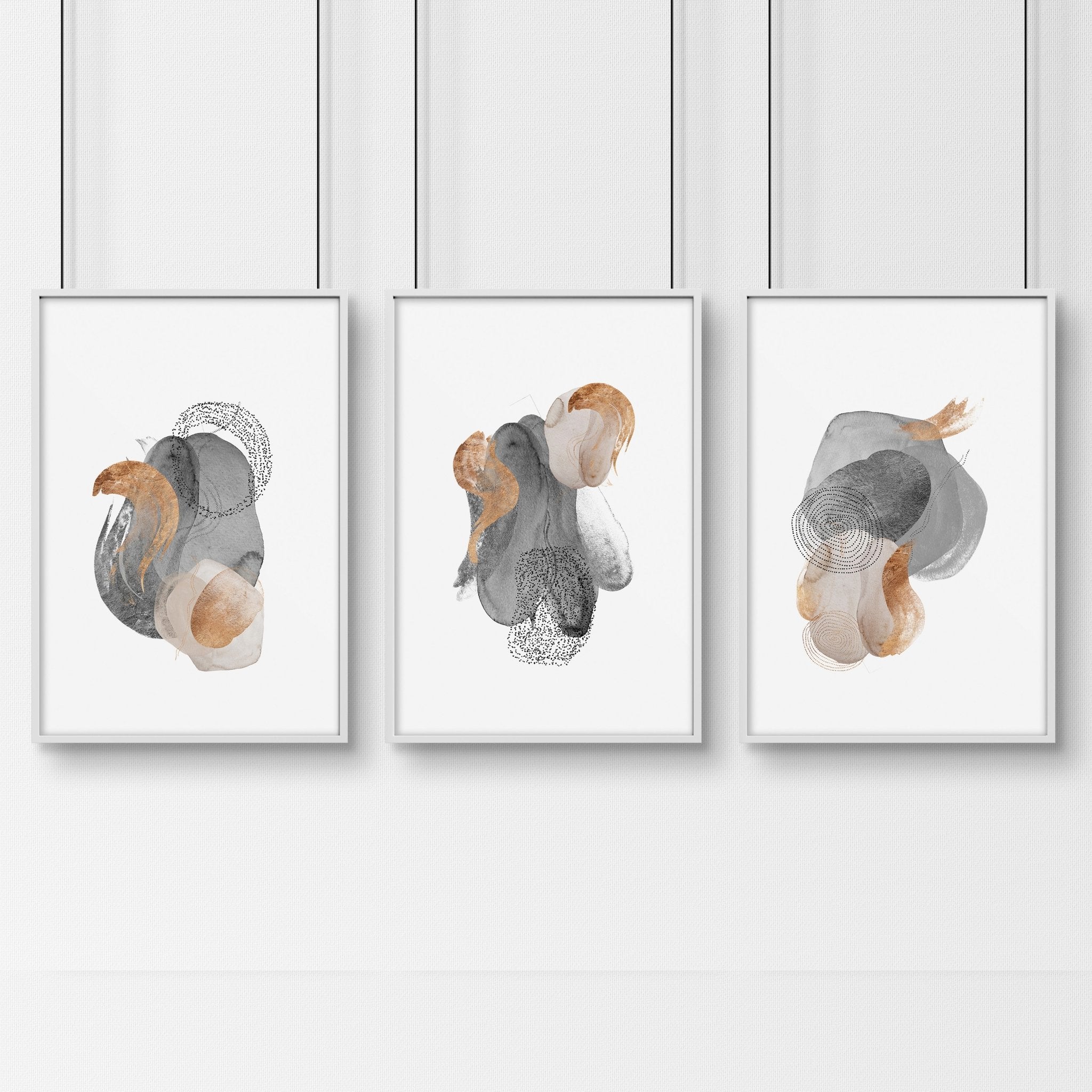 Set of 3 large abstract wall art prints featuring Grey and Rose Gold designs, perfect for living room decor.