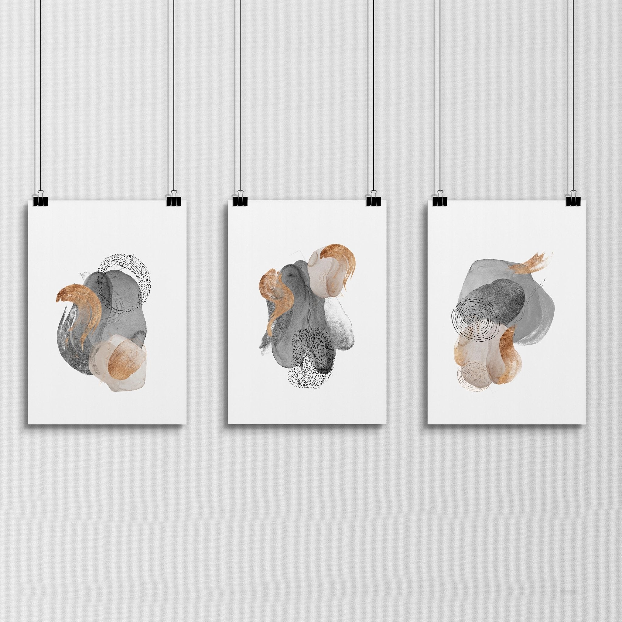 Set of 3 large abstract wall art prints featuring Grey and Rose Gold designs, perfect for living room decor.