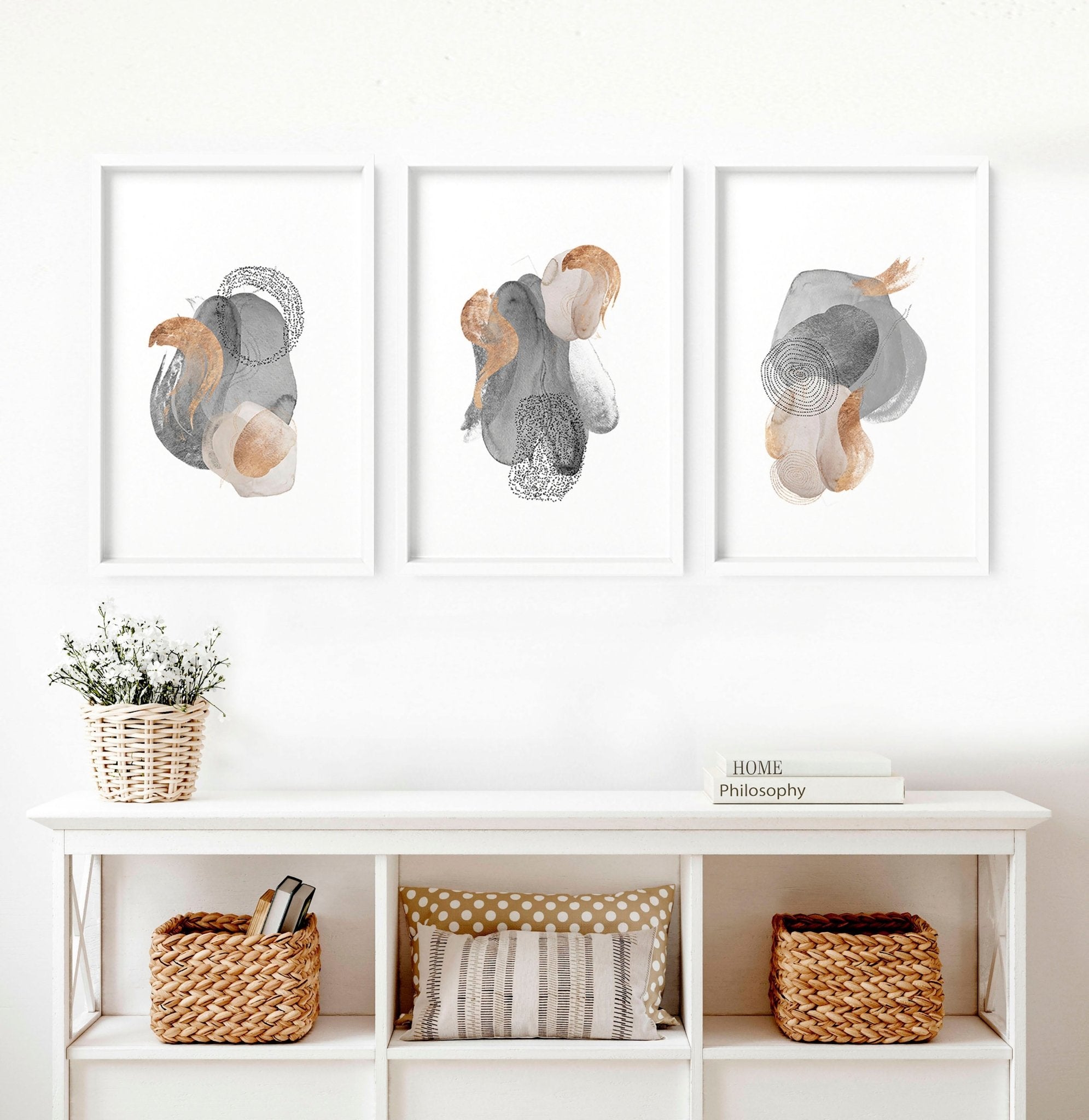 Set of 3 large abstract wall art prints featuring Grey and Rose Gold designs, perfect for living room decor.