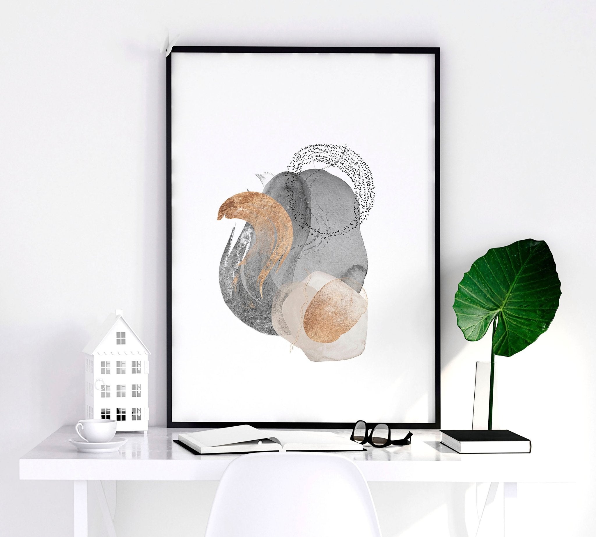 Set of 3 large abstract wall art prints featuring Grey and Rose Gold designs, perfect for living room decor.