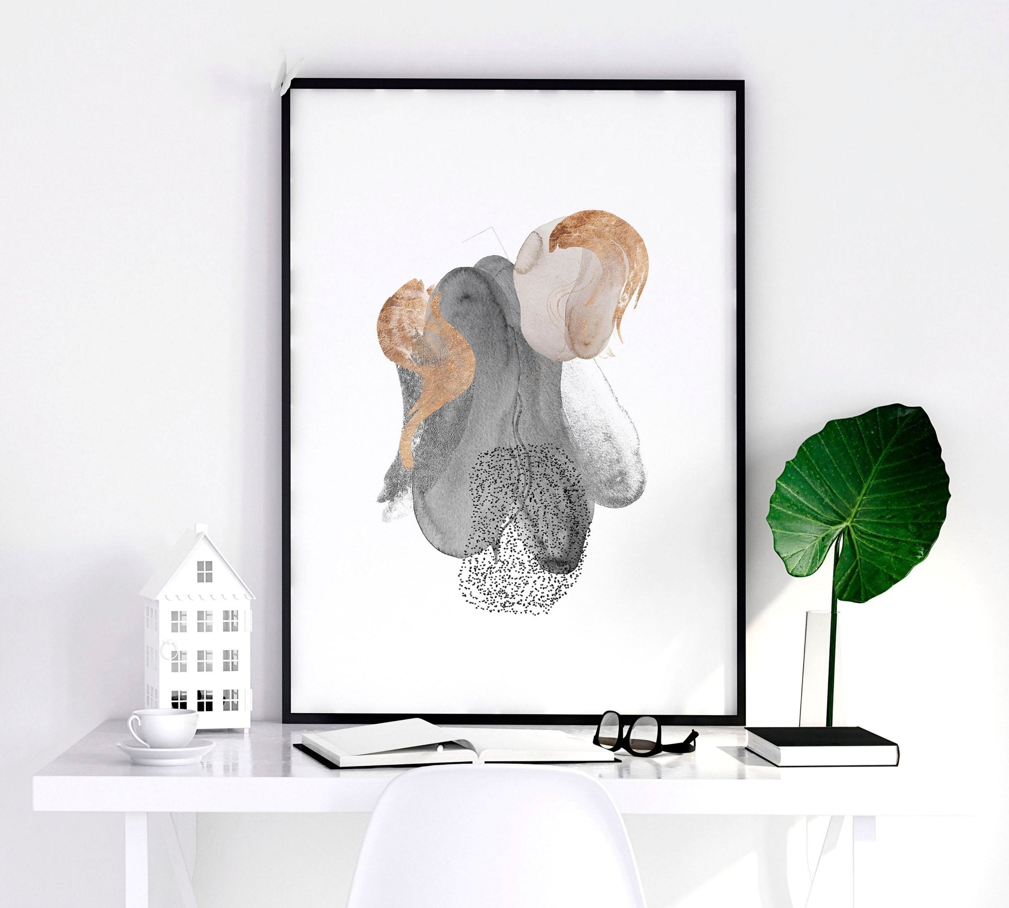 Set of 3 large abstract wall art prints featuring Grey and Rose Gold designs, perfect for living room decor.