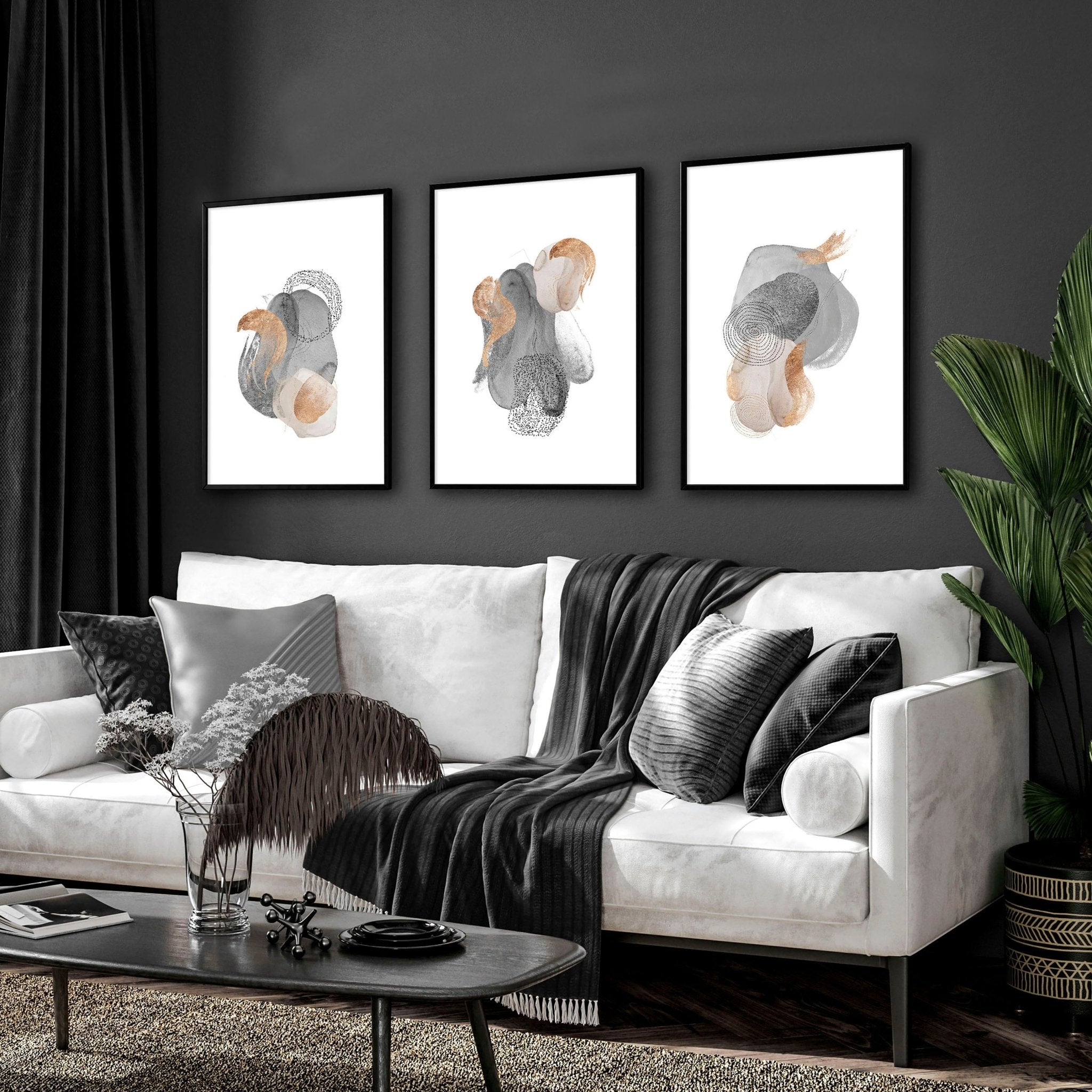 Set of 3 large abstract wall art prints featuring Grey and Rose Gold designs, perfect for living room decor.