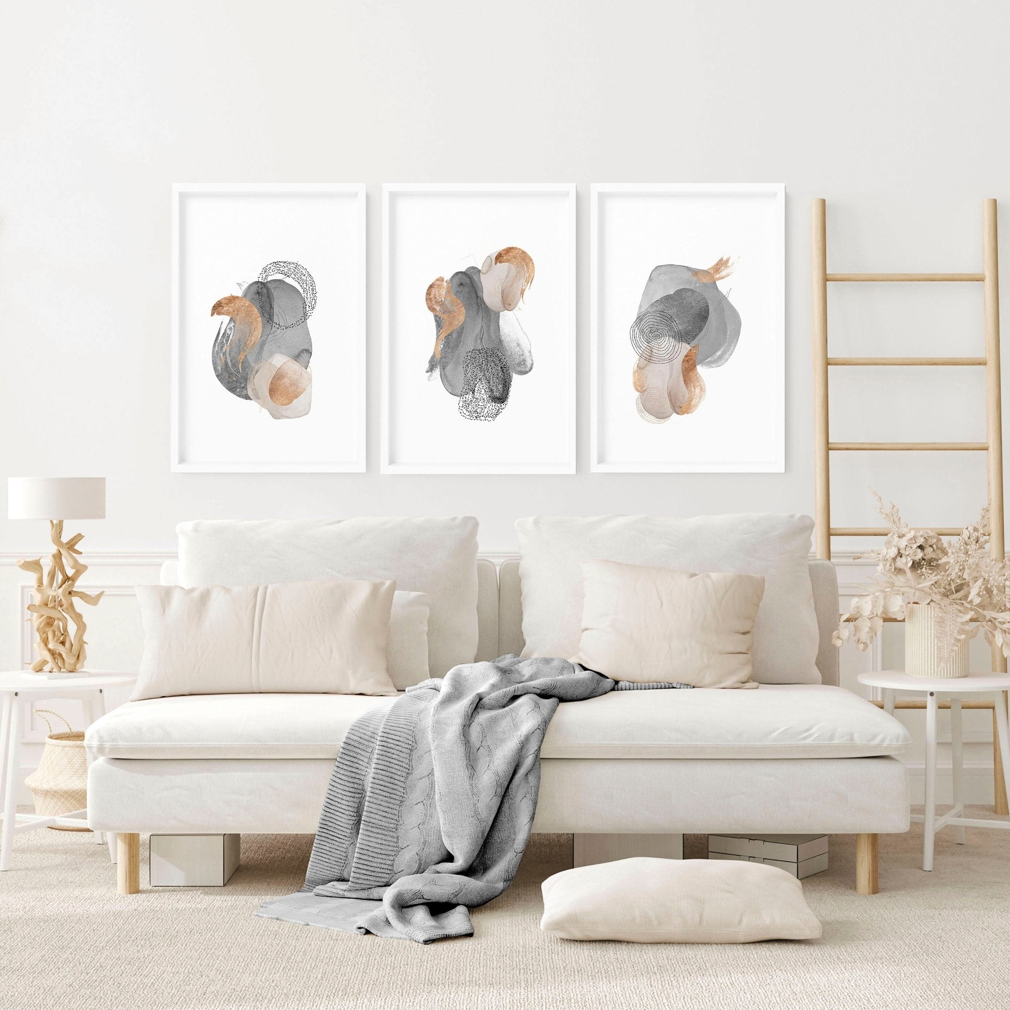 Set of 3 large abstract wall art prints featuring Grey and Rose Gold designs, perfect for living room decor.