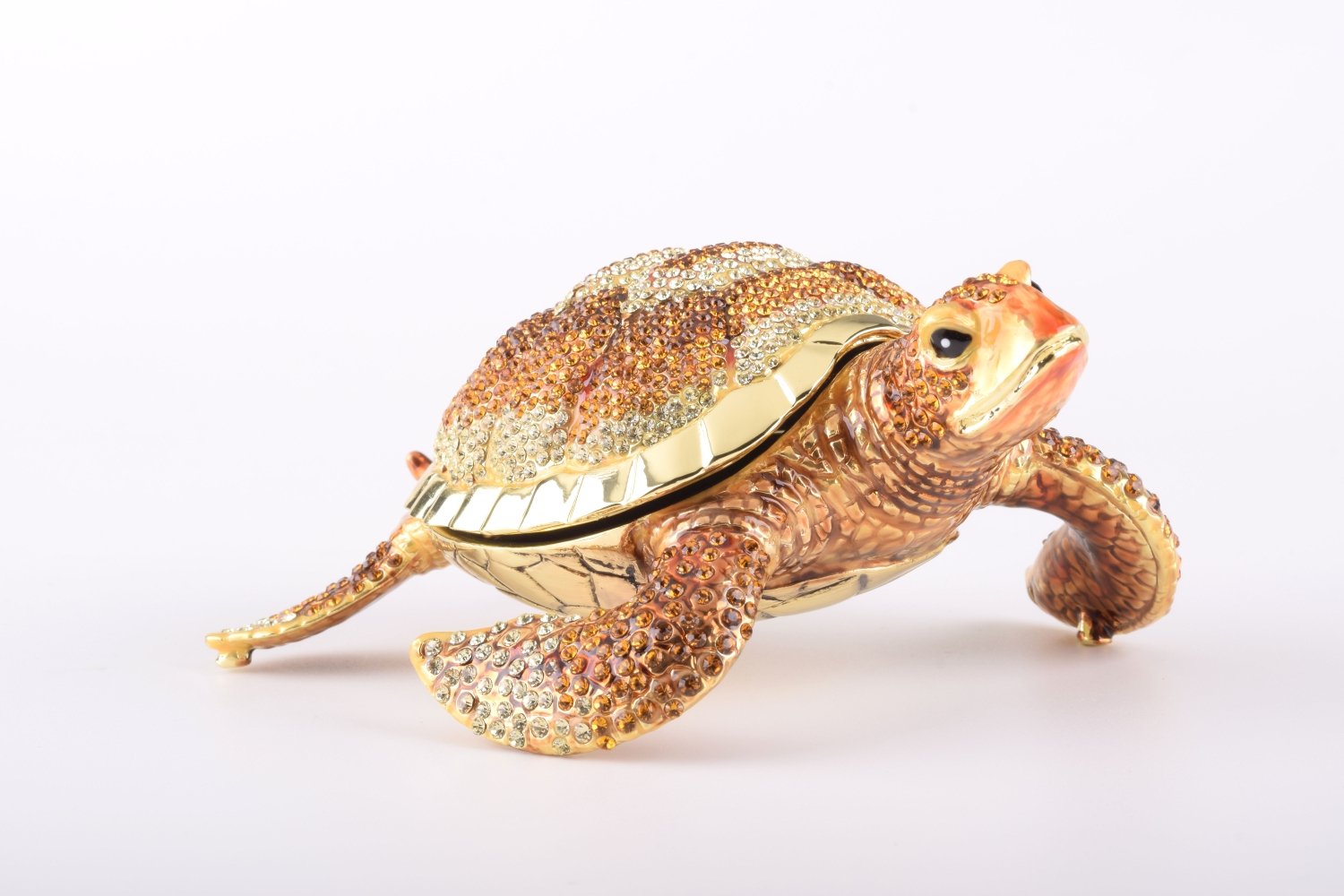 Large Brown Sea Turtle trinket box, handcrafted with enamel and adorned with Austrian crystals, featuring a secure magnetic closure.