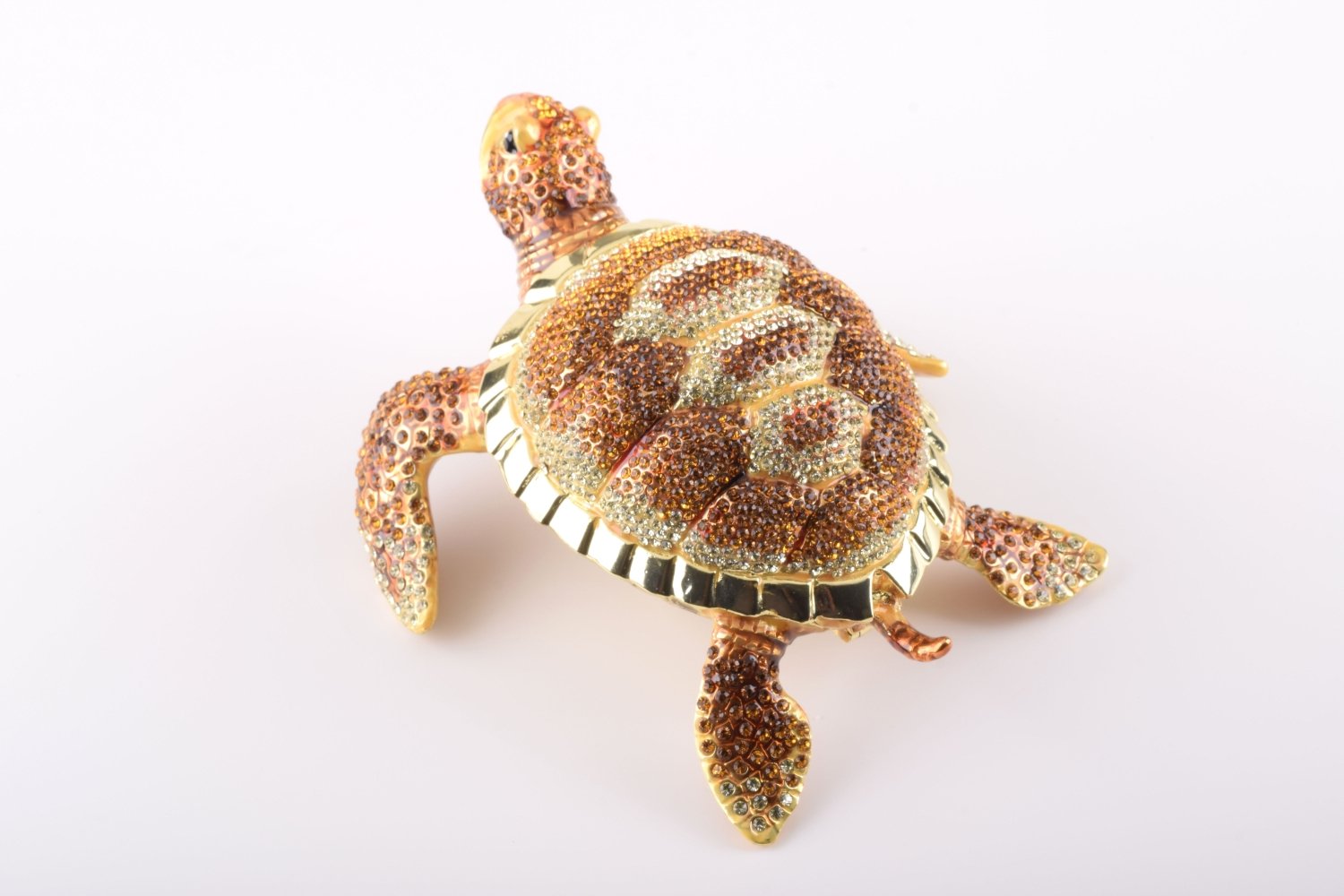 Large Brown Sea Turtle trinket box, handcrafted with enamel and adorned with Austrian crystals, featuring a secure magnetic closure.