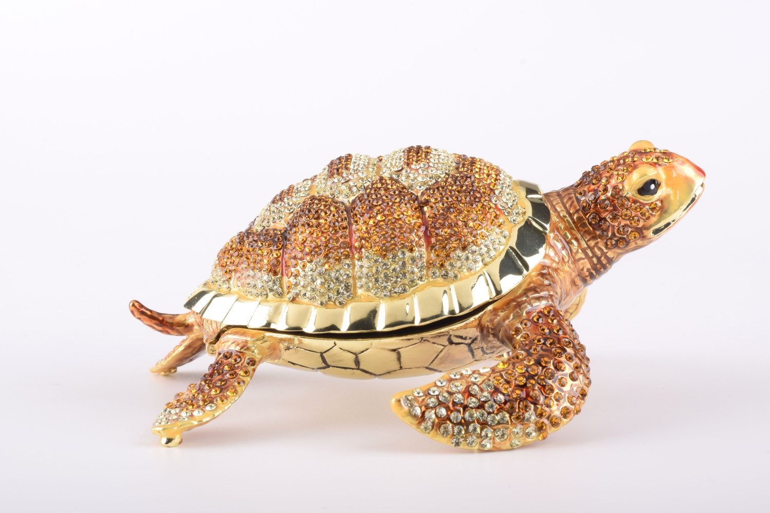 Large Brown Sea Turtle trinket box, handcrafted with enamel and adorned with Austrian crystals, featuring a secure magnetic closure.