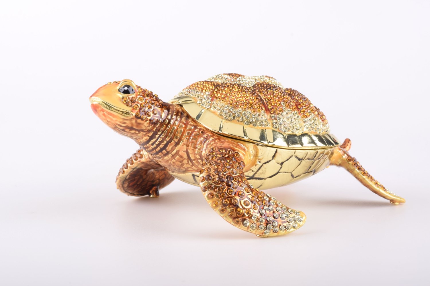 Large Brown Sea Turtle trinket box, handcrafted with enamel and adorned with Austrian crystals, featuring a secure magnetic closure.