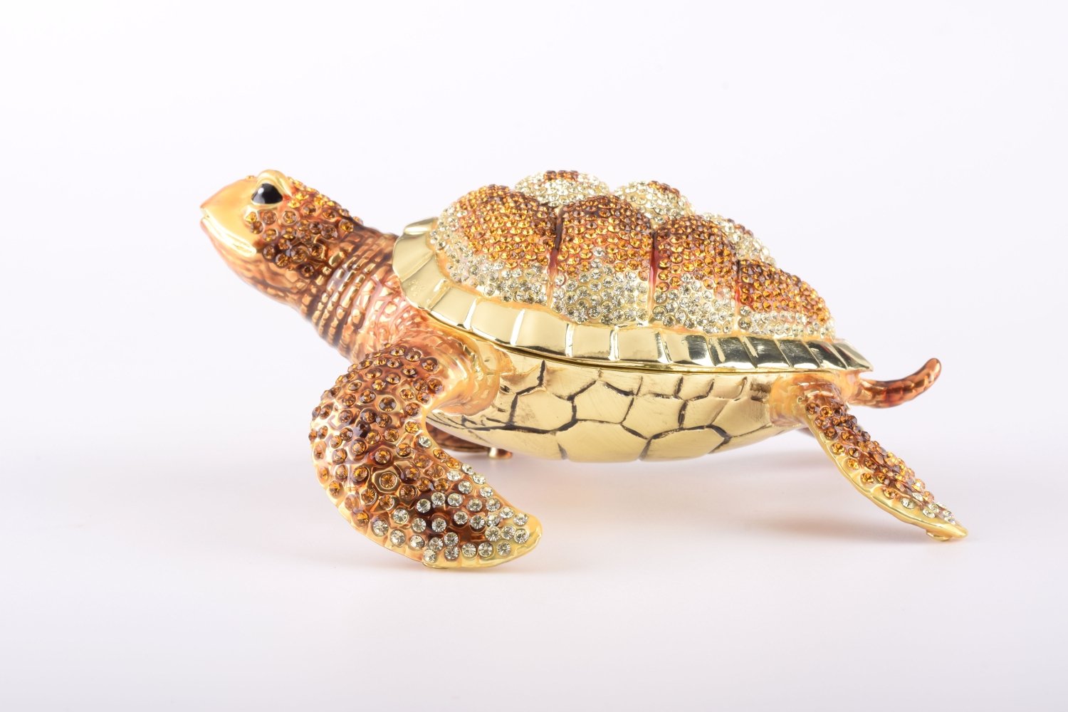 Large Brown Sea Turtle trinket box, handcrafted with enamel and adorned with Austrian crystals, featuring a secure magnetic closure.