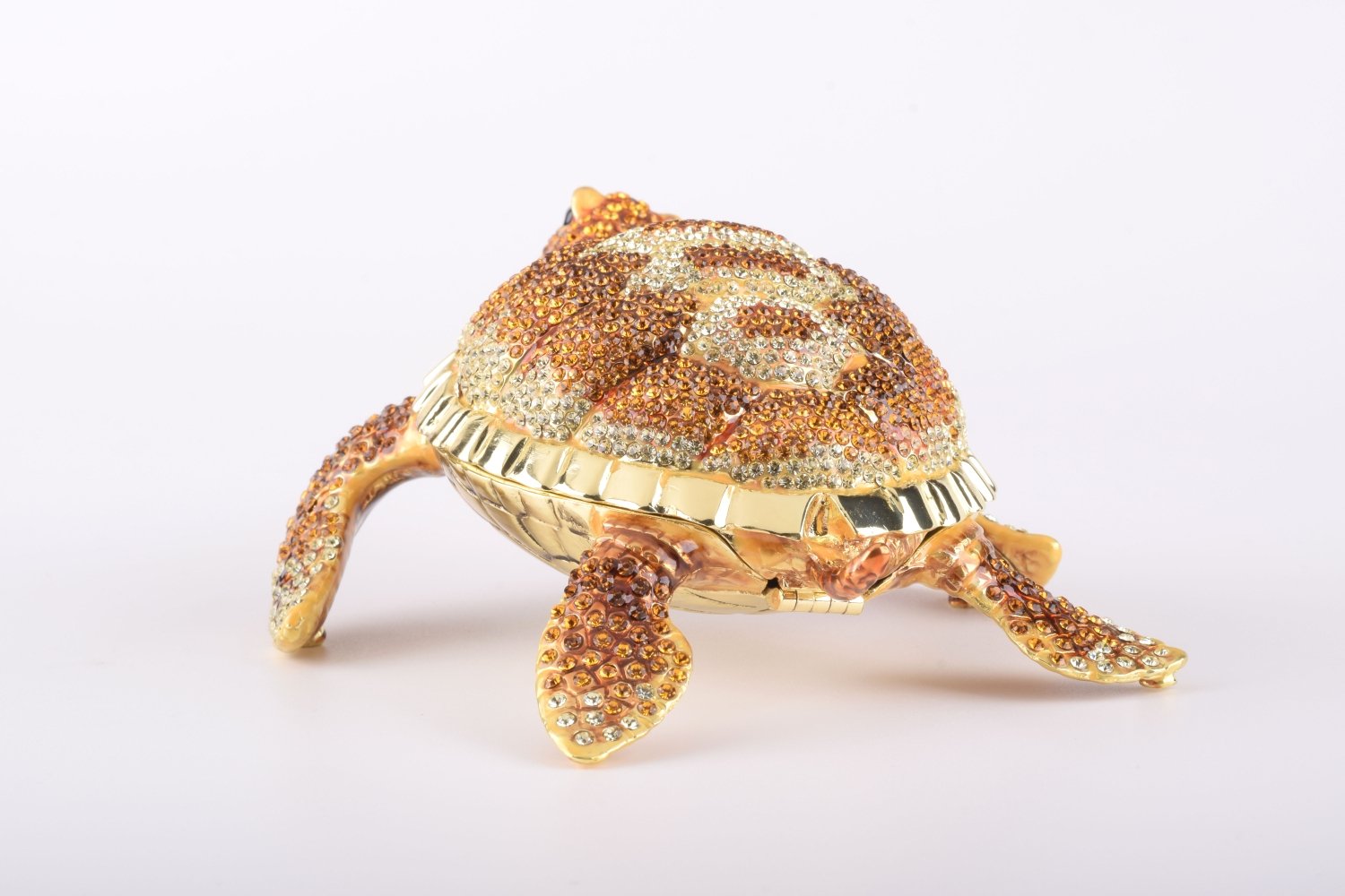 Large Brown Sea Turtle trinket box, handcrafted with enamel and adorned with Austrian crystals, featuring a secure magnetic closure.