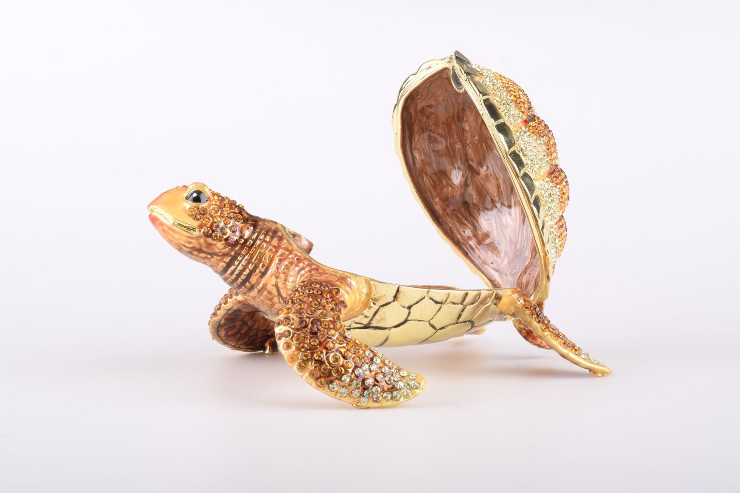 Large Brown Sea Turtle trinket box, handcrafted with enamel and adorned with Austrian crystals, featuring a secure magnetic closure.