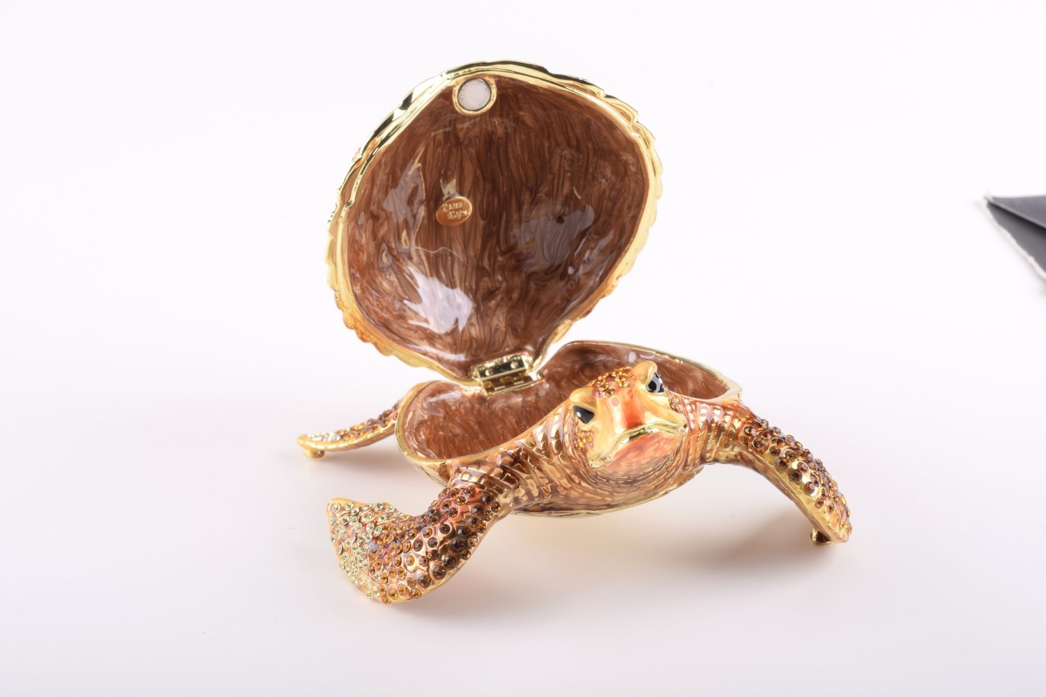 Large Brown Sea Turtle trinket box, handcrafted with enamel and adorned with Austrian crystals, featuring a secure magnetic closure.