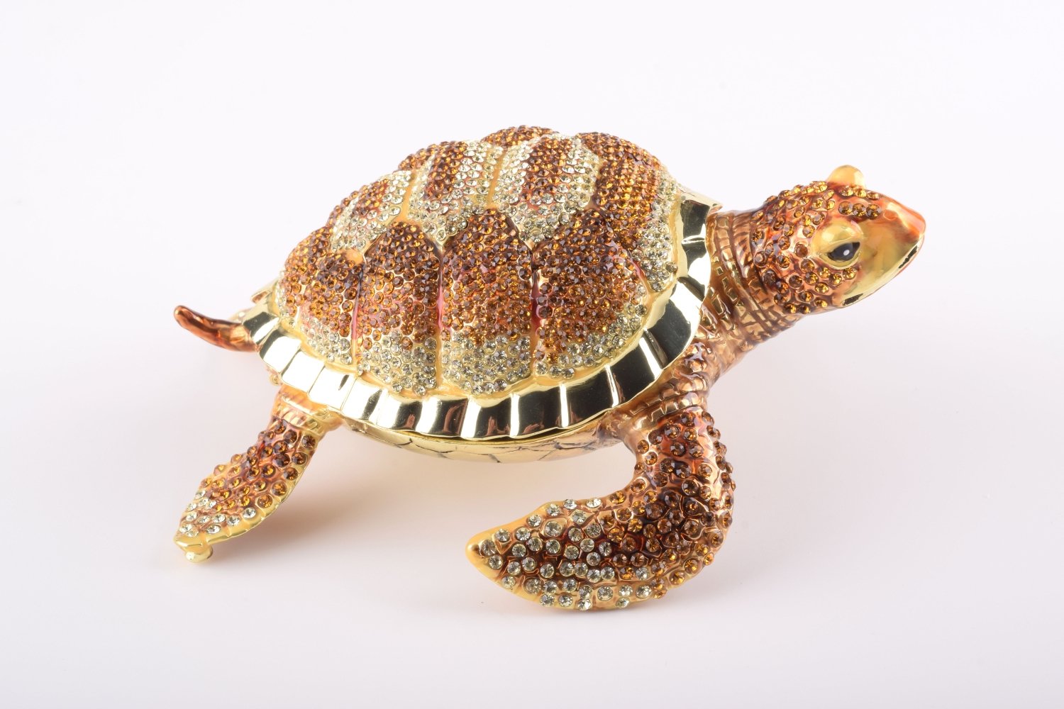 Large Brown Sea Turtle trinket box, handcrafted with enamel and adorned with Austrian crystals, featuring a secure magnetic closure.