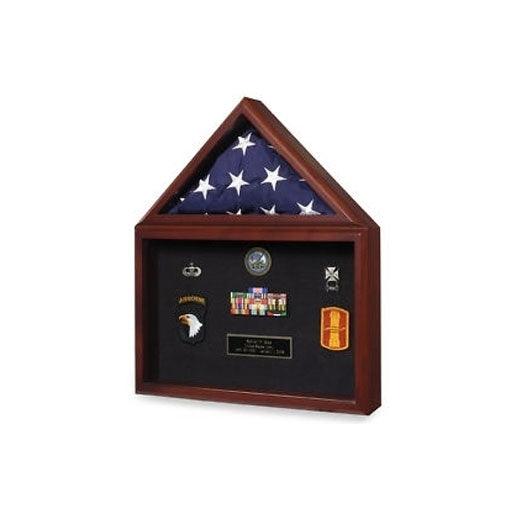 Large Flag and Medal Display Case showcasing a 3-ft x 5-ft flag, medals, and certificates in a solid wood frame.