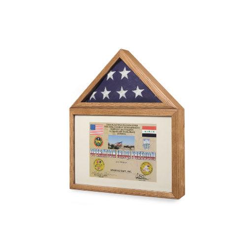 Large Flag and Medal Display Case showcasing a 3-ft x 5-ft flag, medals, and certificates in a solid wood frame.