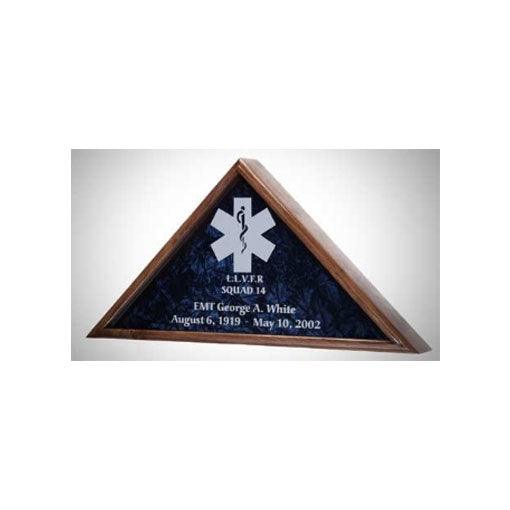 Large Flag Display Case with Engraved Emblem showcasing a folded burial flag, crafted from solid wood with a blue crushed velvet background.