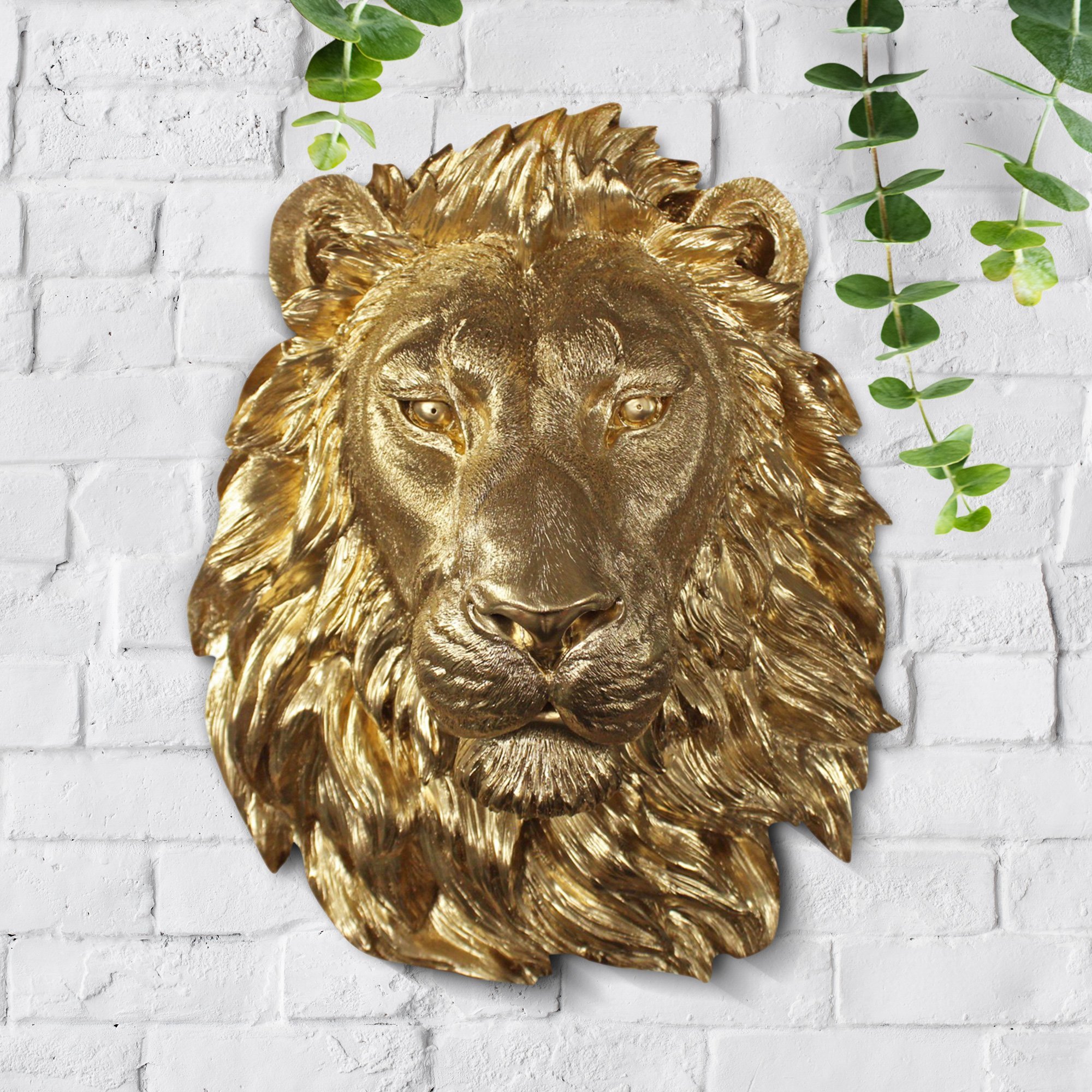 A majestic 17-inch tall gold lion sculpture made from eco-friendly resin, showcasing intricate hand-painted details.