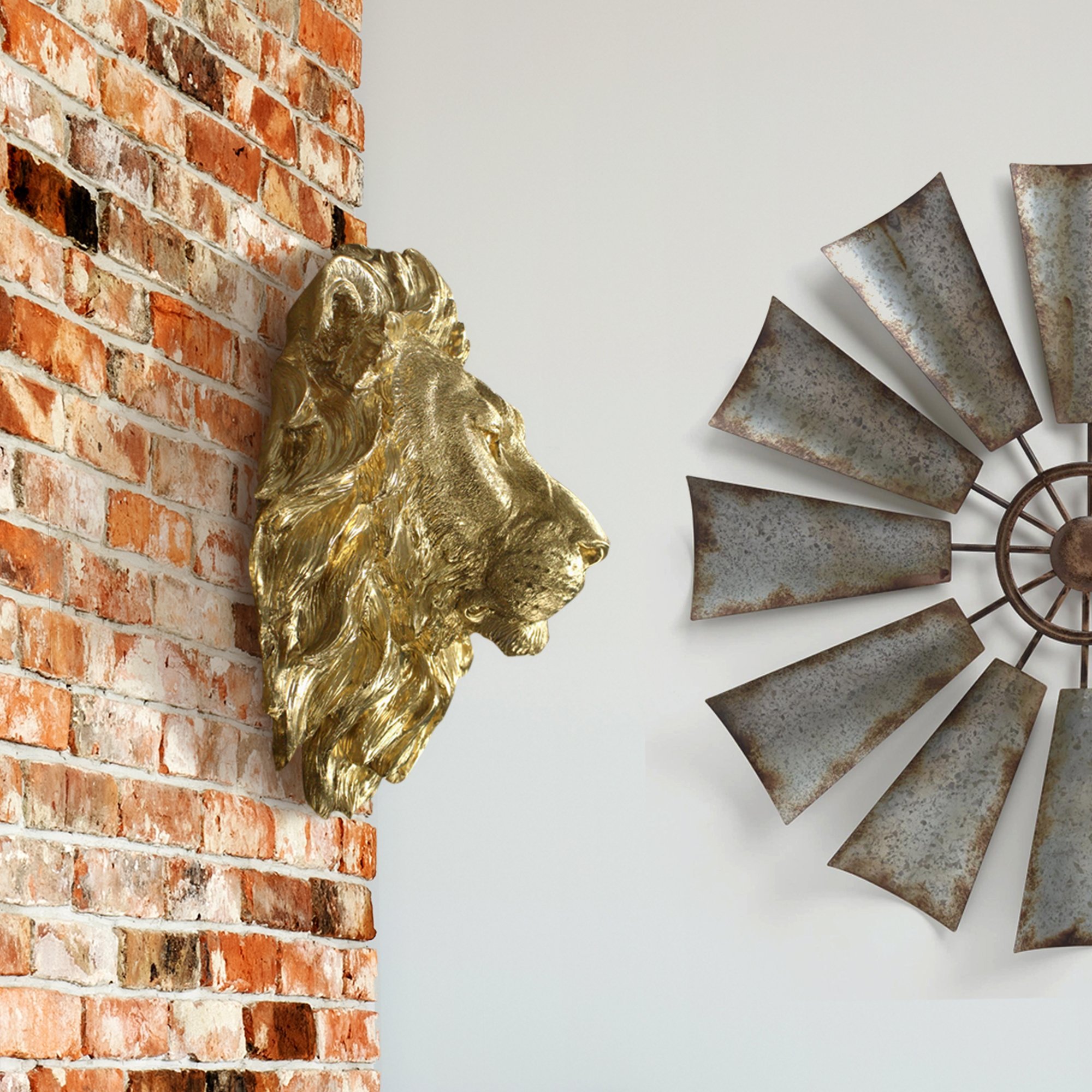 A majestic 17-inch tall gold lion sculpture made from eco-friendly resin, showcasing intricate hand-painted details.