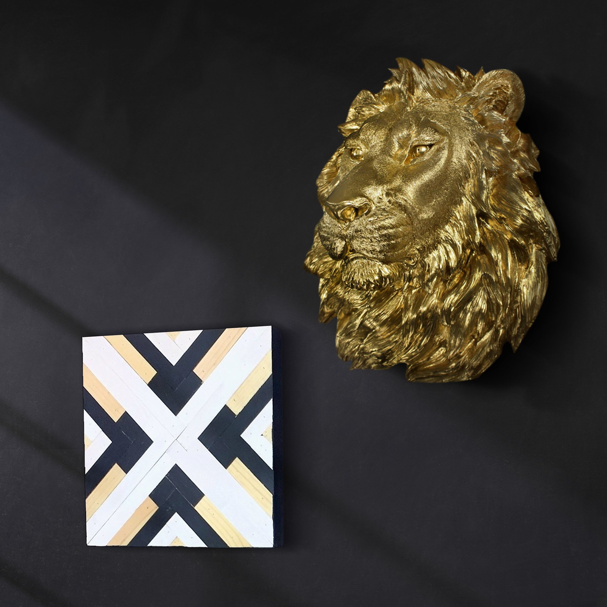 A majestic 17-inch tall gold lion sculpture made from eco-friendly resin, showcasing intricate hand-painted details.