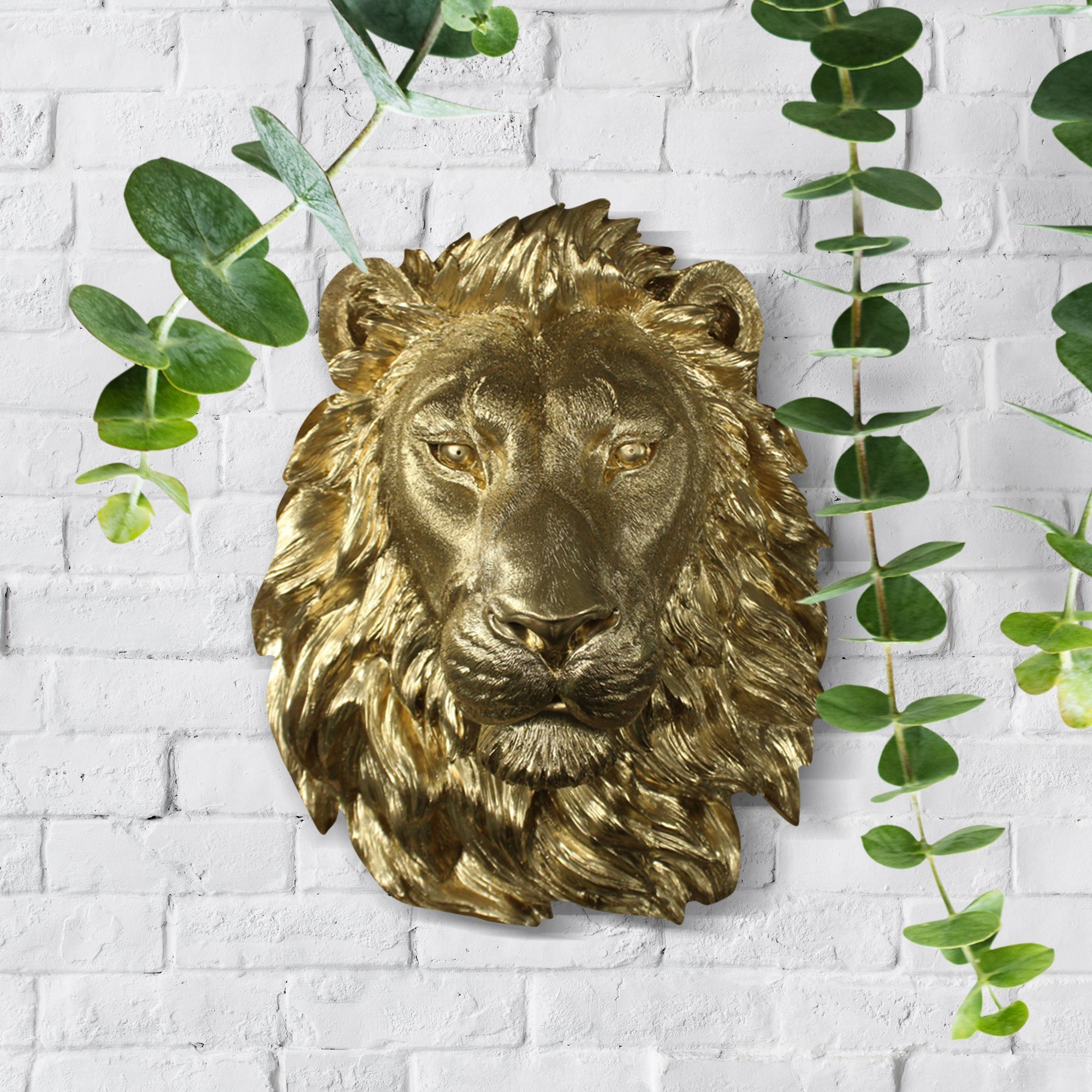 A majestic 17-inch tall gold lion sculpture made from eco-friendly resin, showcasing intricate hand-painted details.