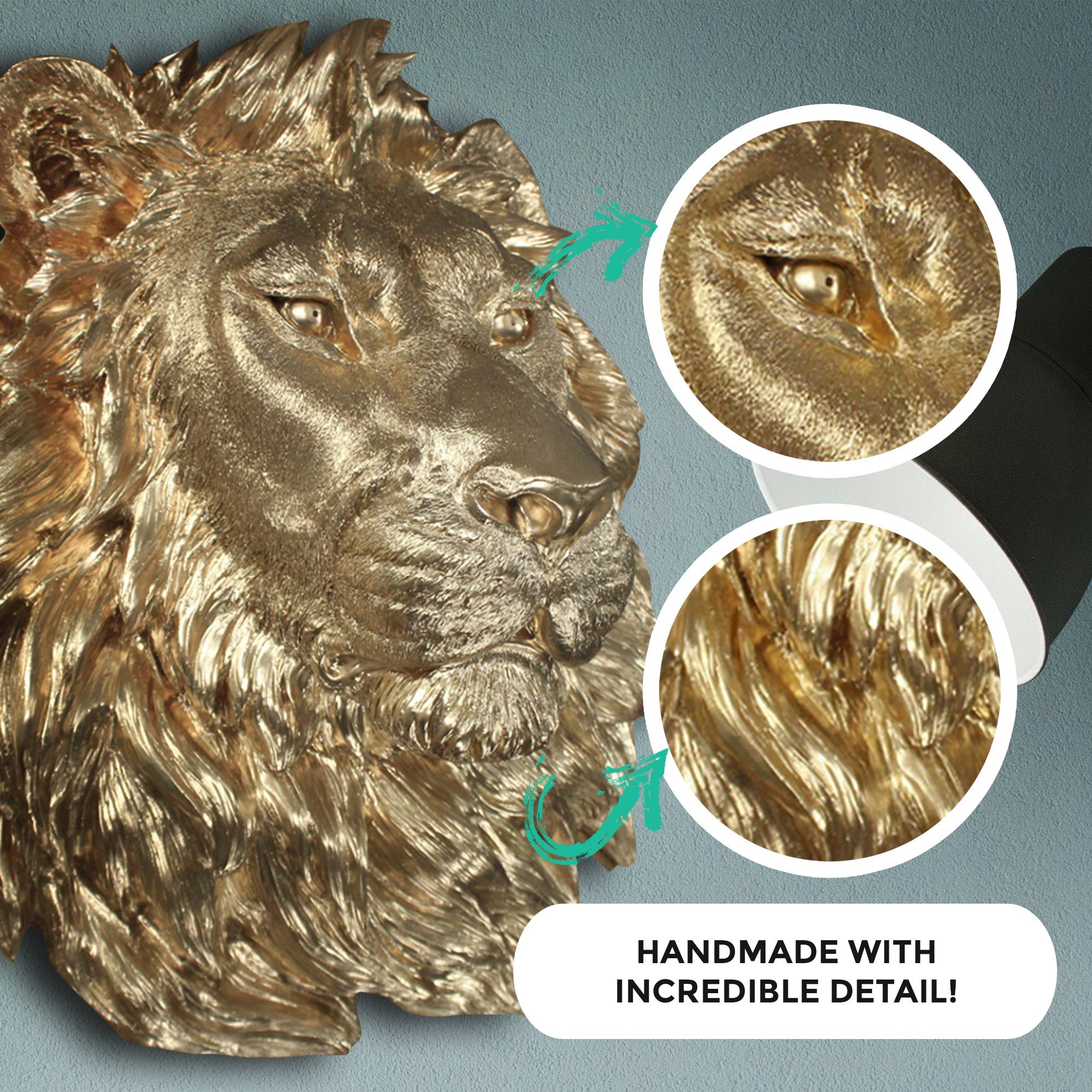 A majestic 17-inch tall gold lion sculpture made from eco-friendly resin, showcasing intricate hand-painted details.