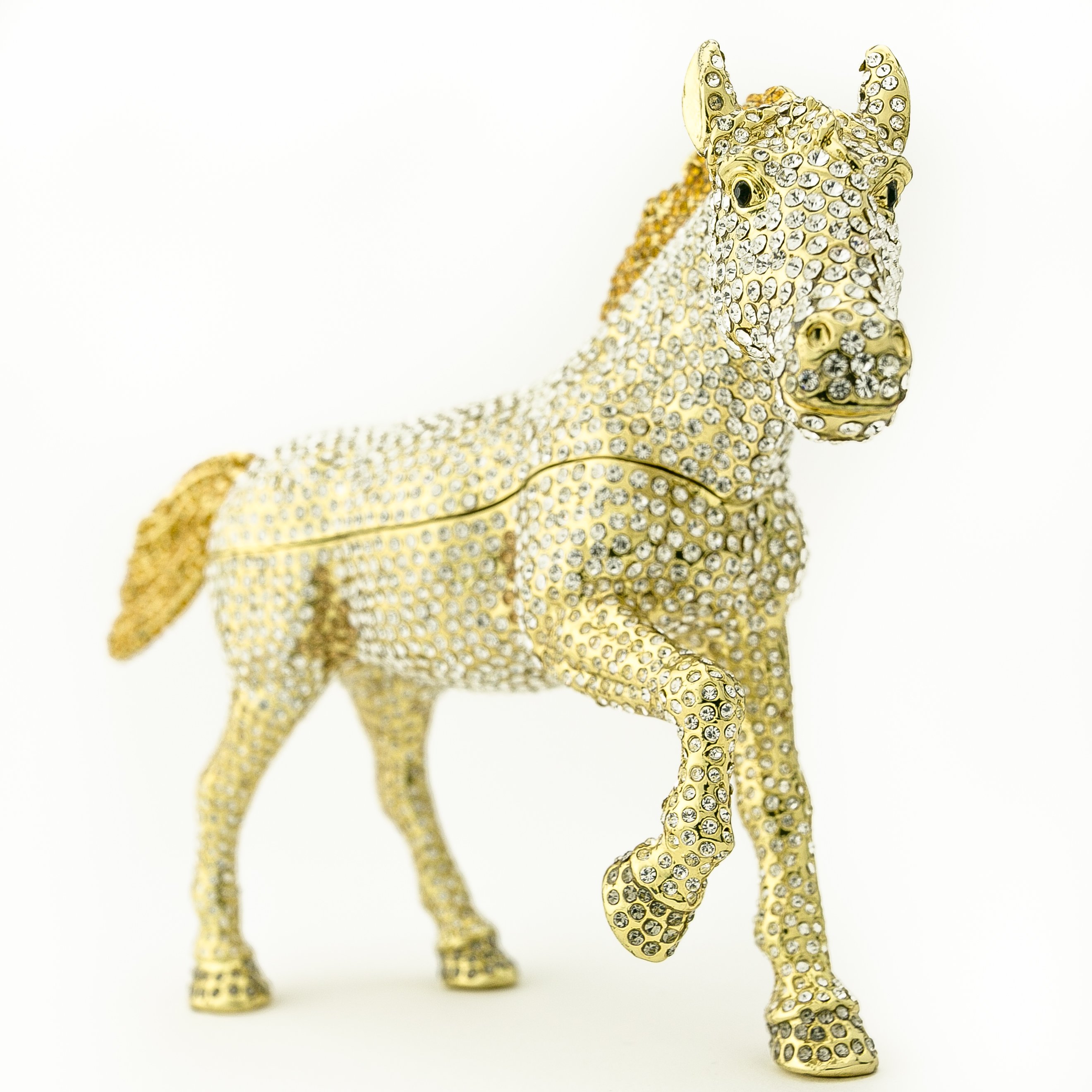 Large golden horse trinket box adorned with white Austrian crystals, showcasing intricate enamel painting and luxurious gold plating.