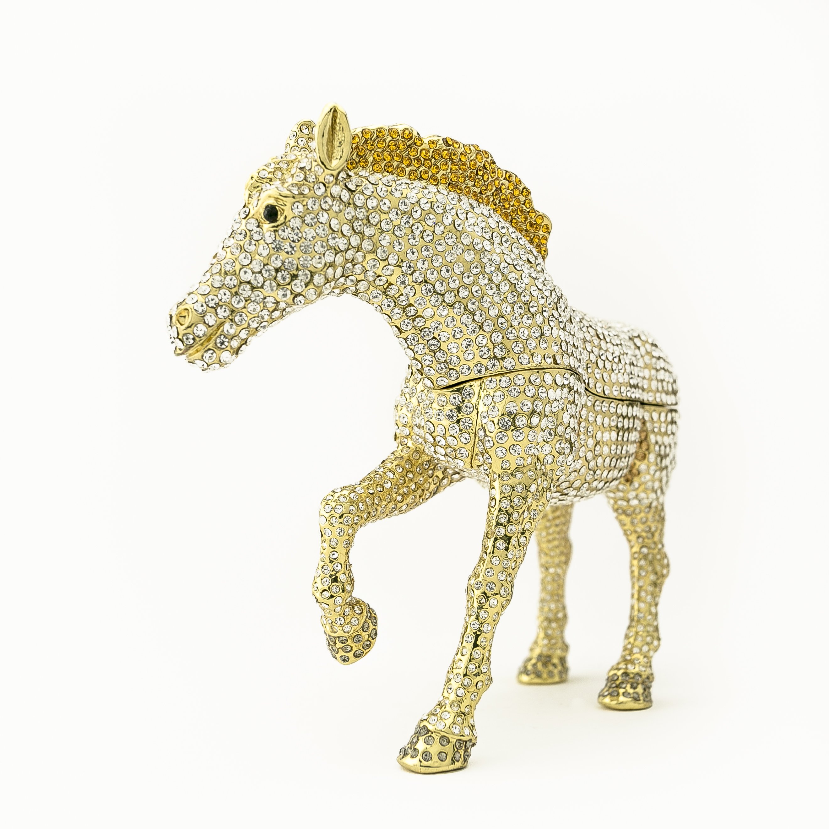 Large golden horse trinket box adorned with white Austrian crystals, showcasing intricate enamel painting and luxurious gold plating.