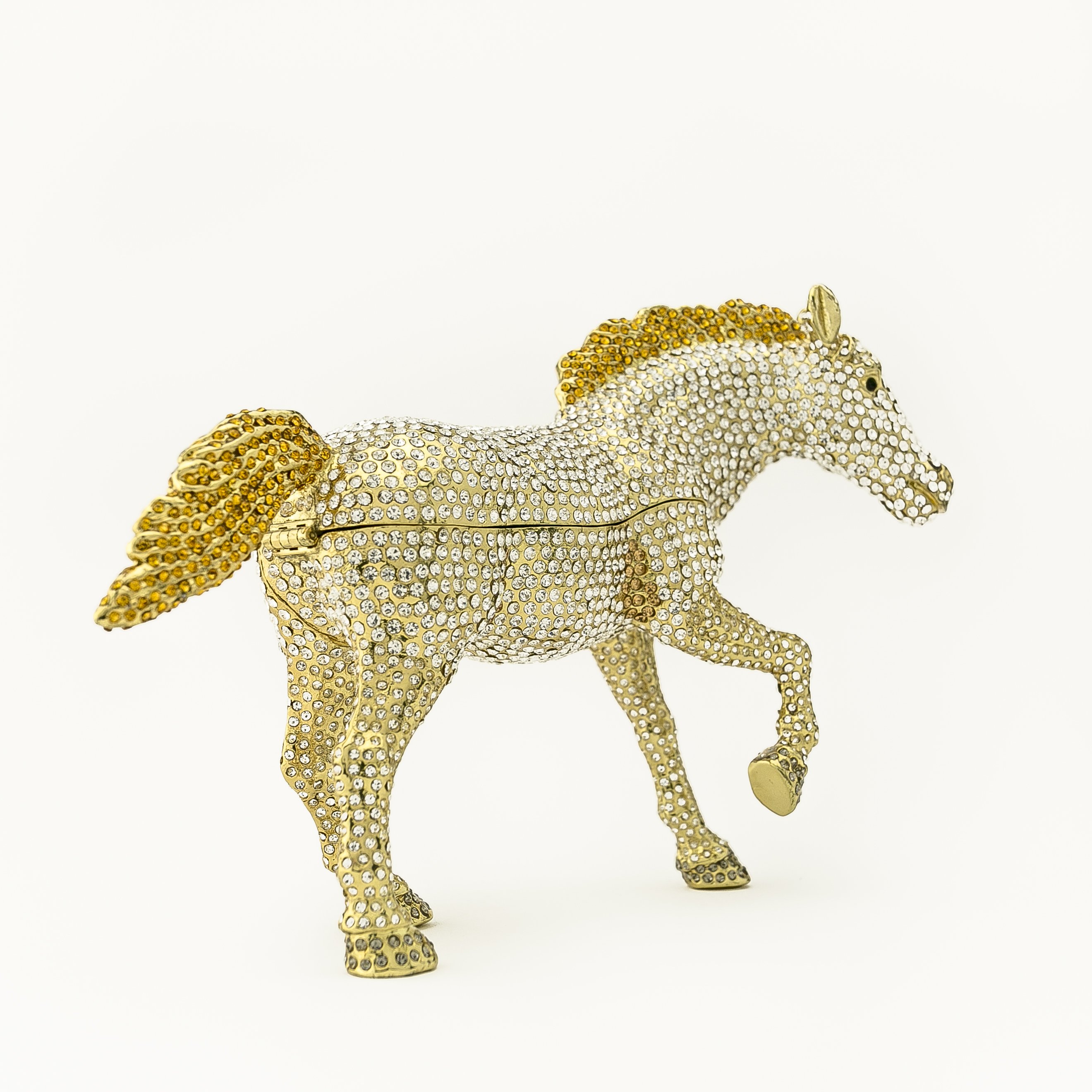 Large golden horse trinket box adorned with white Austrian crystals, showcasing intricate enamel painting and luxurious gold plating.